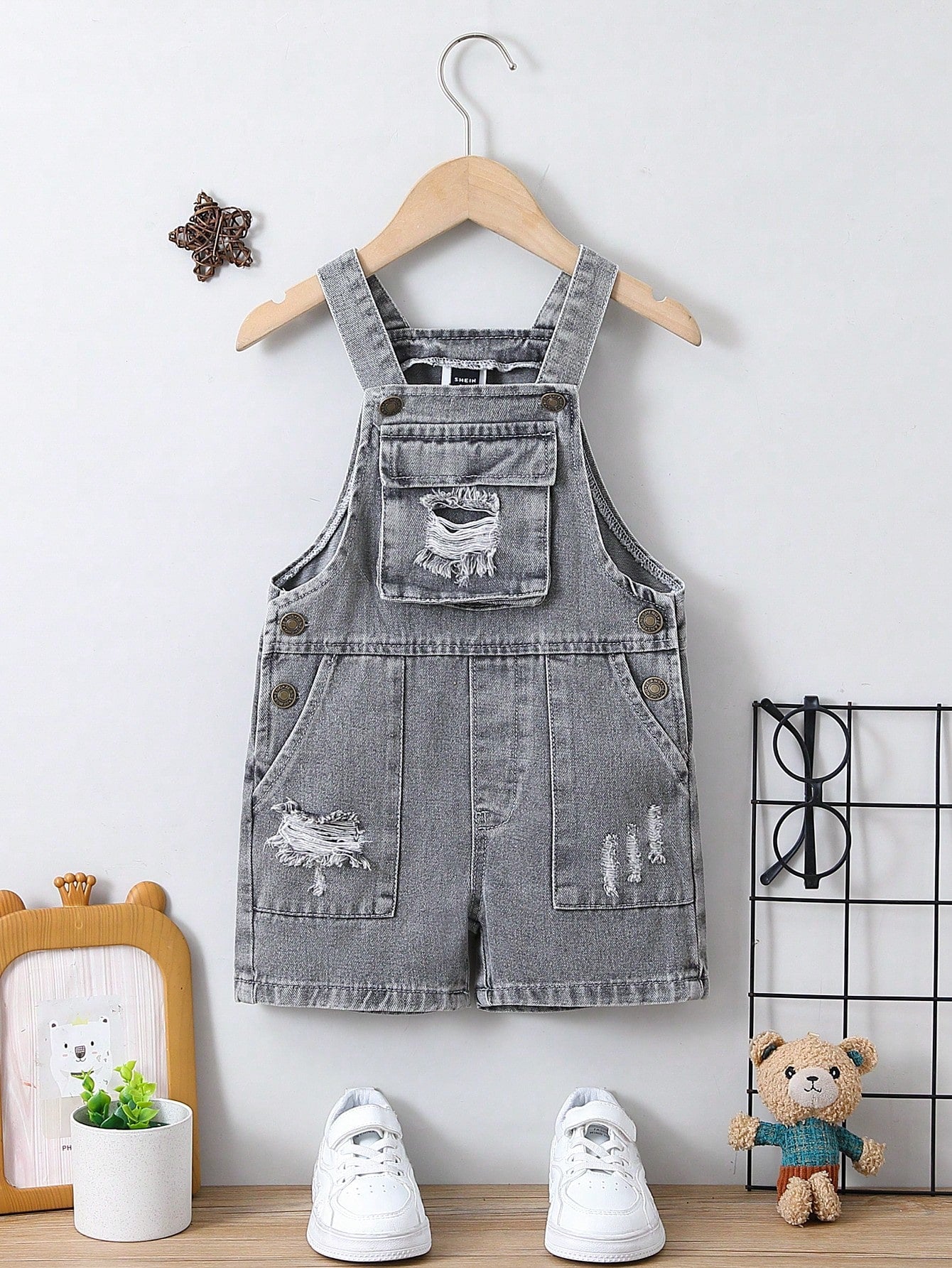 Young Boy Ripped Denim Overalls Romper