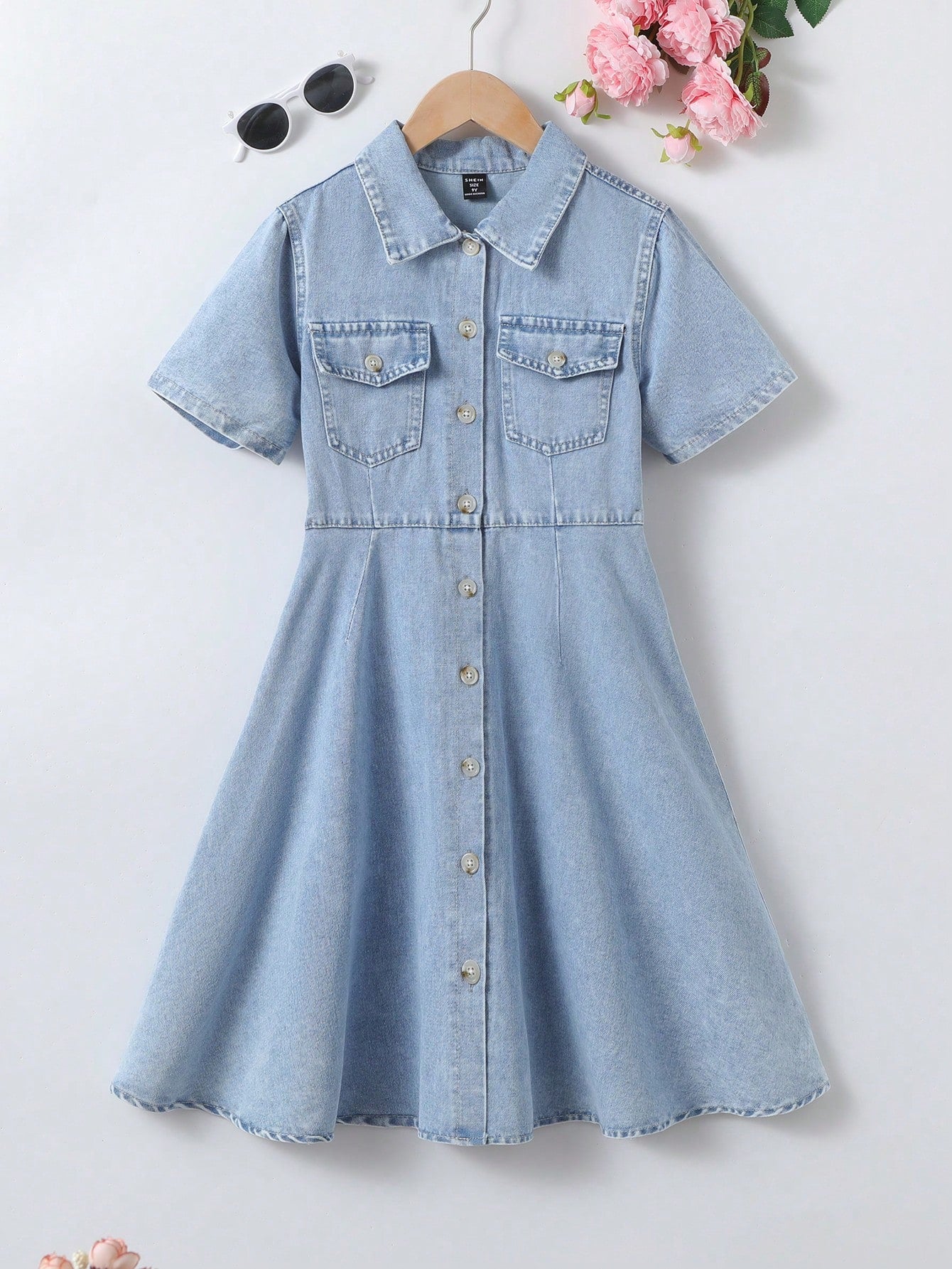 Tween Girl Casual College Style Light Blue Washed Denim Shirt Dress With Turn-Down Collar