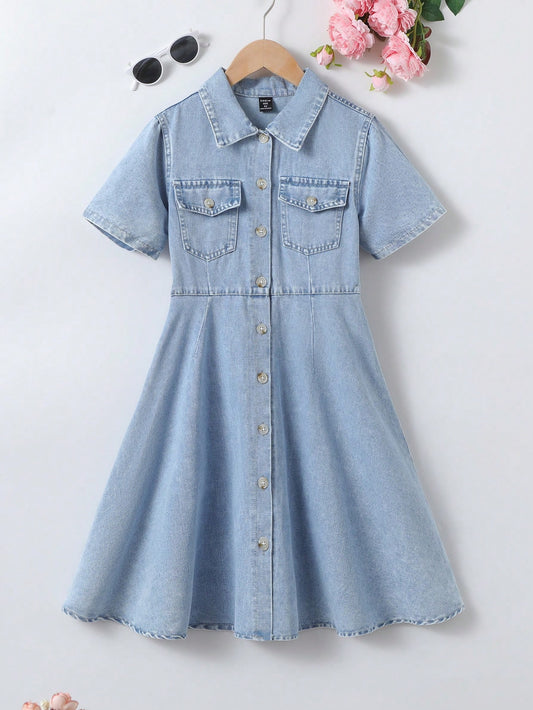 Tween Girl's Casual College Style Light Blue Washed Denim Shirt Dress With Lapel Collar