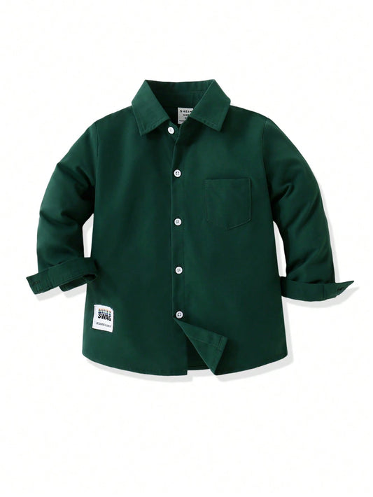 Young Boy's Casual & Comfortable Solid Color Long Sleeve Shirt, Exquisitely Decorated With Little Labels, Can Be Paired With Casual Pants, Suitable For Daily Casual Wear, Travel, Parties, Festivals, And School. A Versatile Shirt Suitable For Spring And Au