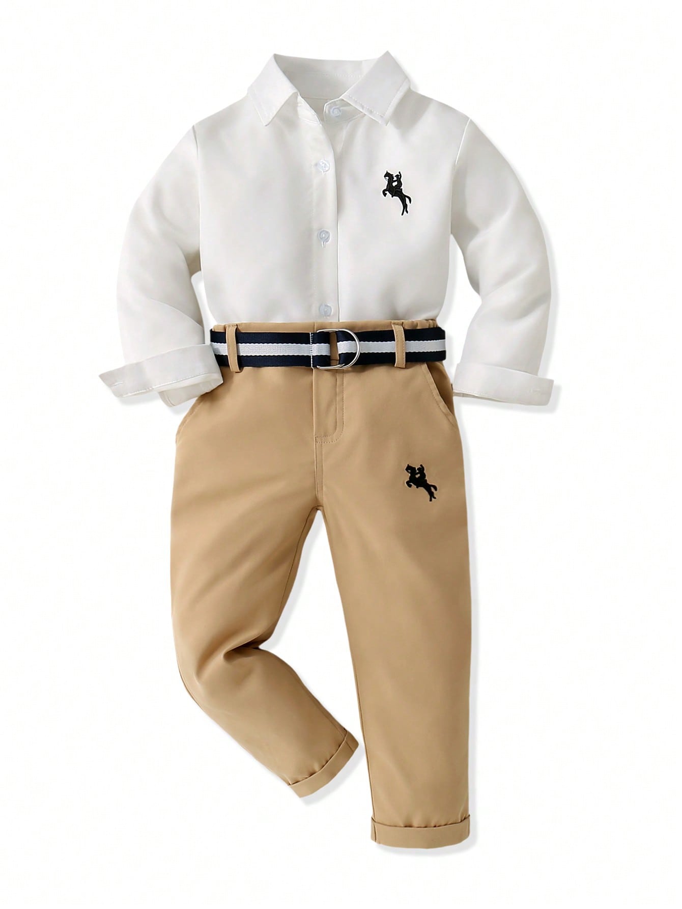 Blossomsprite Kids Young Boy Casual Horse Embroidery Long Sleeve Shirt And Pants Set For Daily Wear