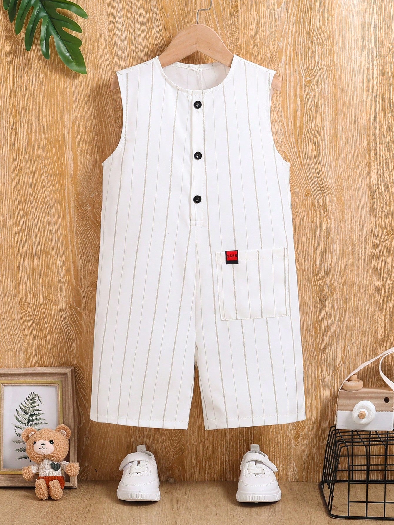 Young Boys' Daily Casual Striped Romper, Solid Color, Trendy Fashion, Simple Style, Suitable For Spring, Summer, And Autumn