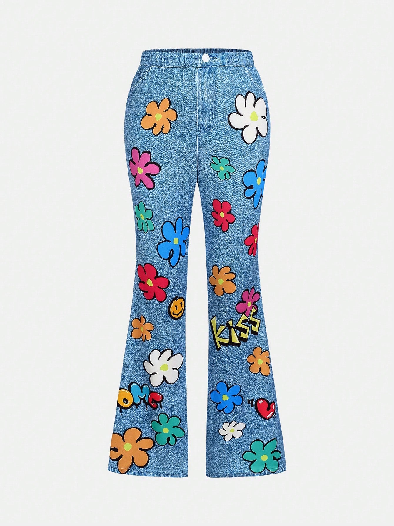 Tween Girl Floral & Letter Printed Flared Pants, Sweet And Trendy Style, High Waist Design, Flared Pants Cut