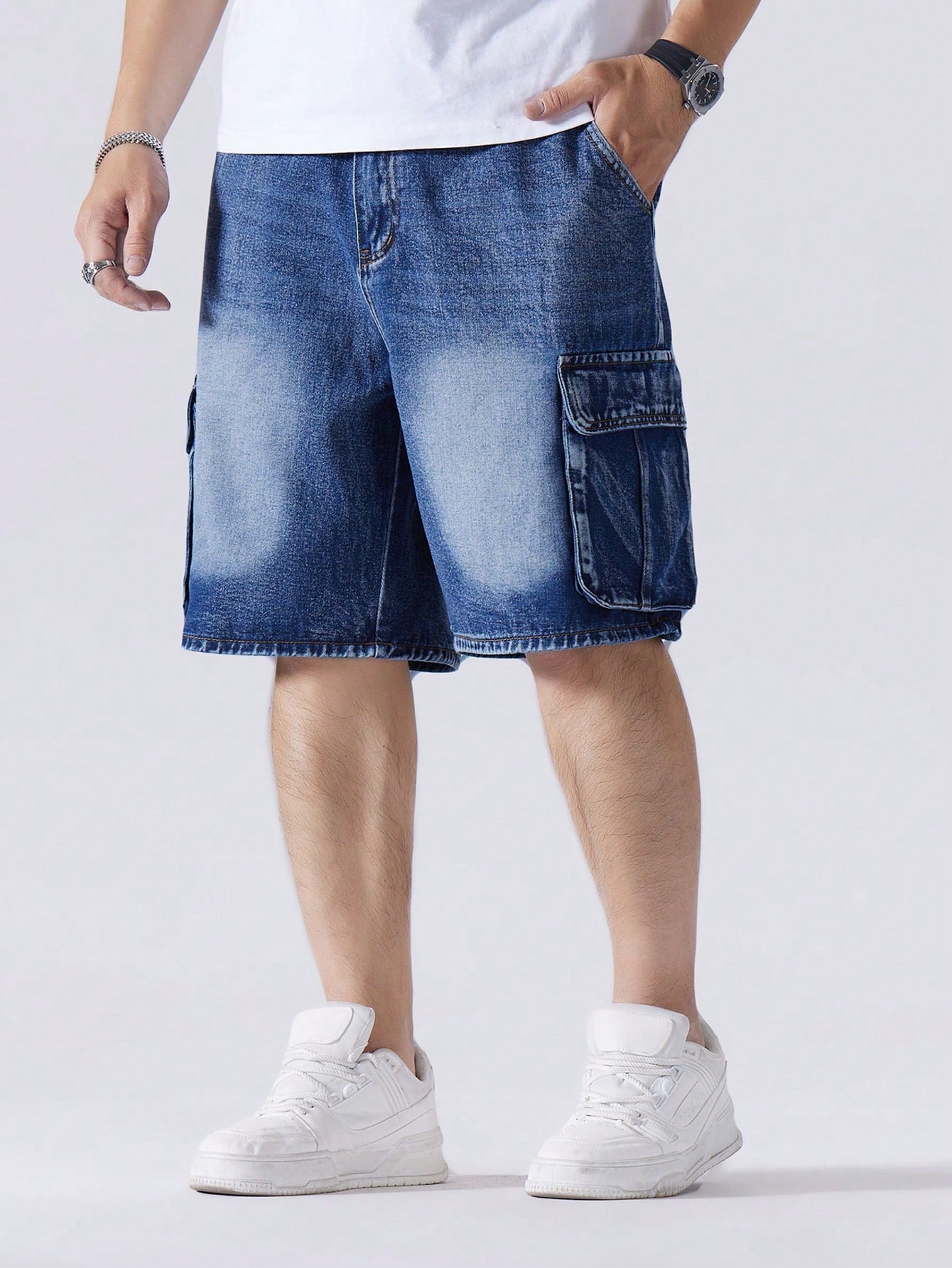 Men's Plus Size Washed Denim Shorts With Flap Pockets Baggy Cargo Plain Navy Blue Office Street Wear