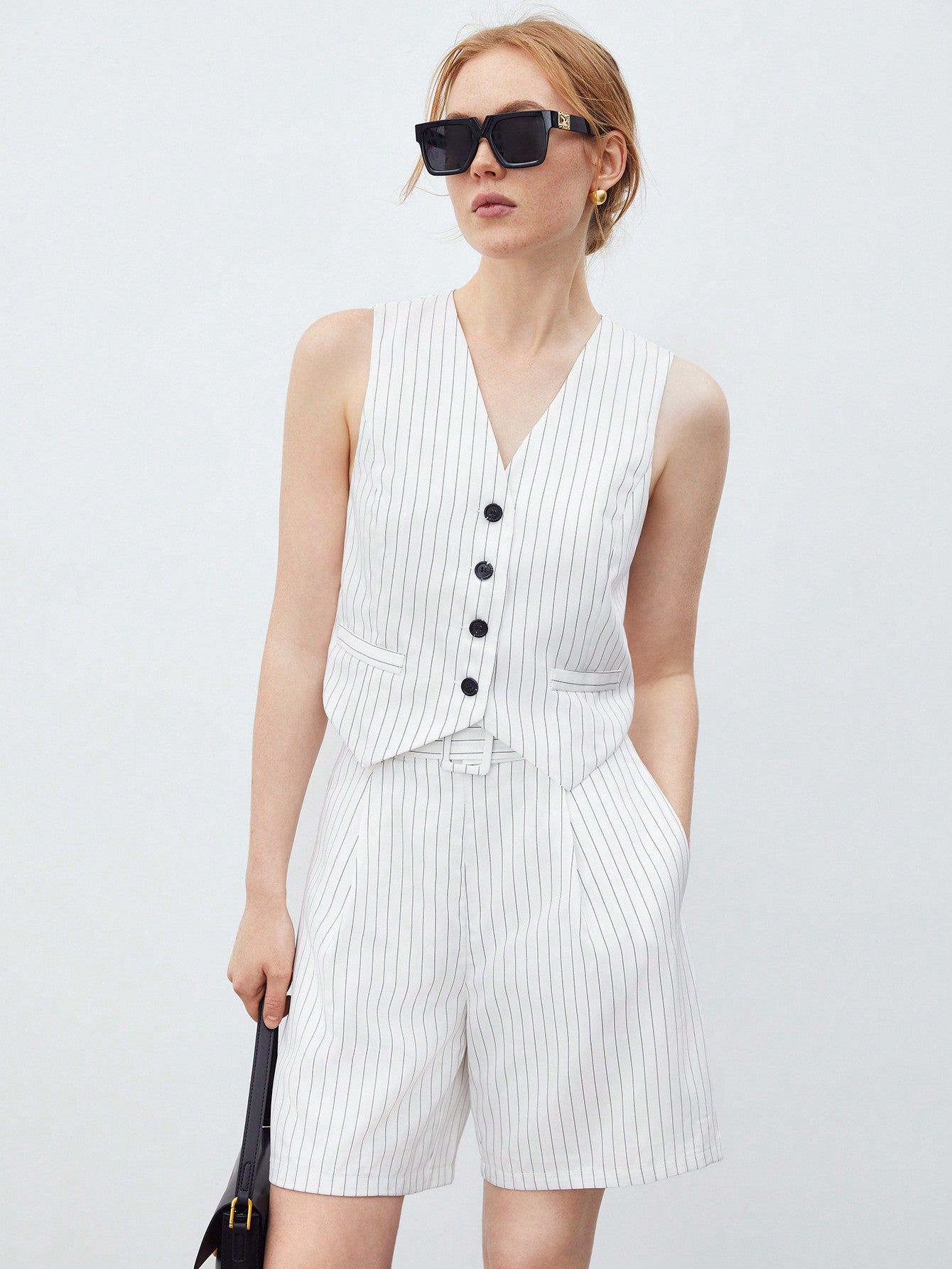 BIZwear Striped Button-Front Suit Vest And Shorts