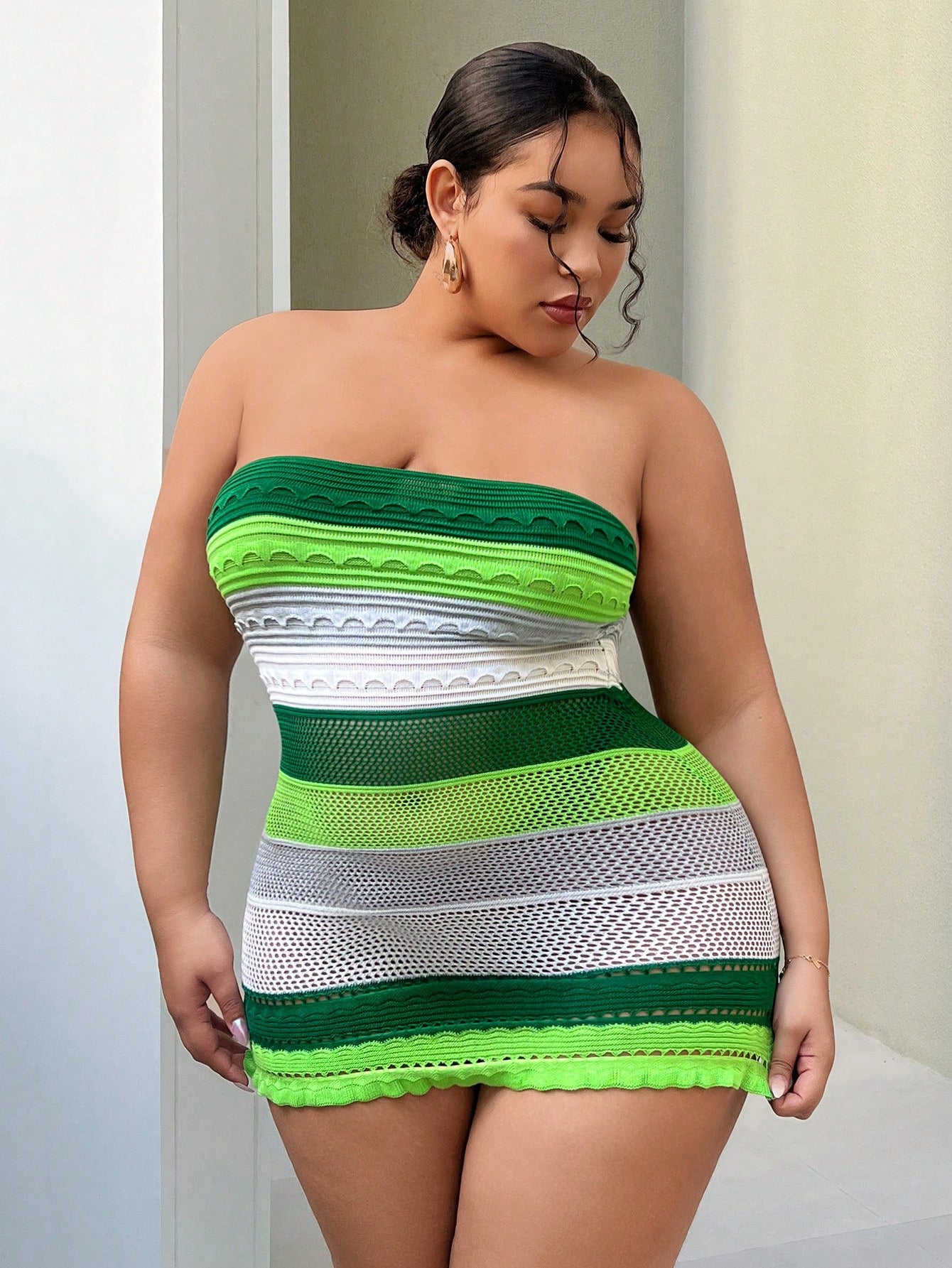 Plus Size Striped Sexy Color Block Bandeau Bodycon Sweater Dress