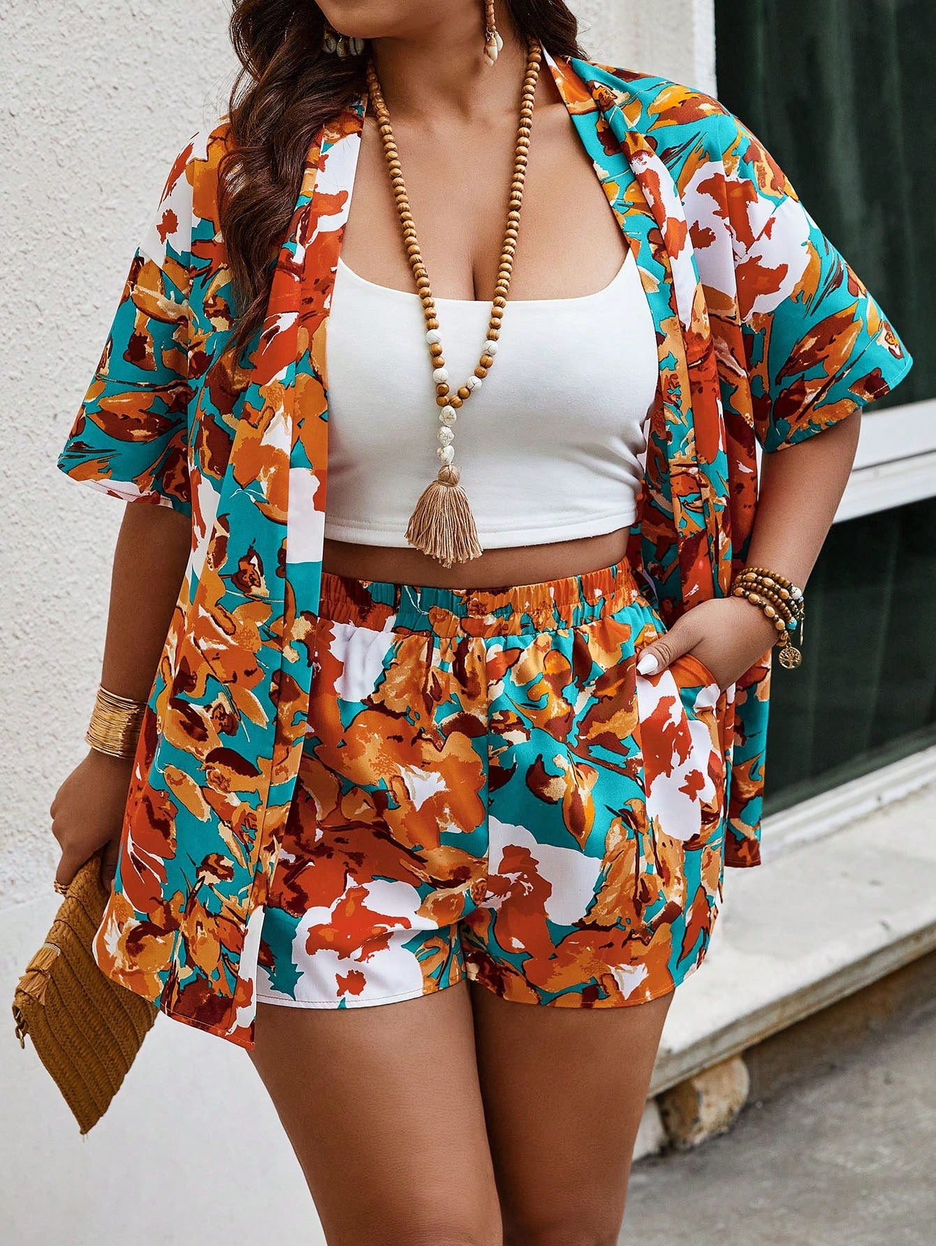 Plus Size Printed Front Open Top And Shorts Set