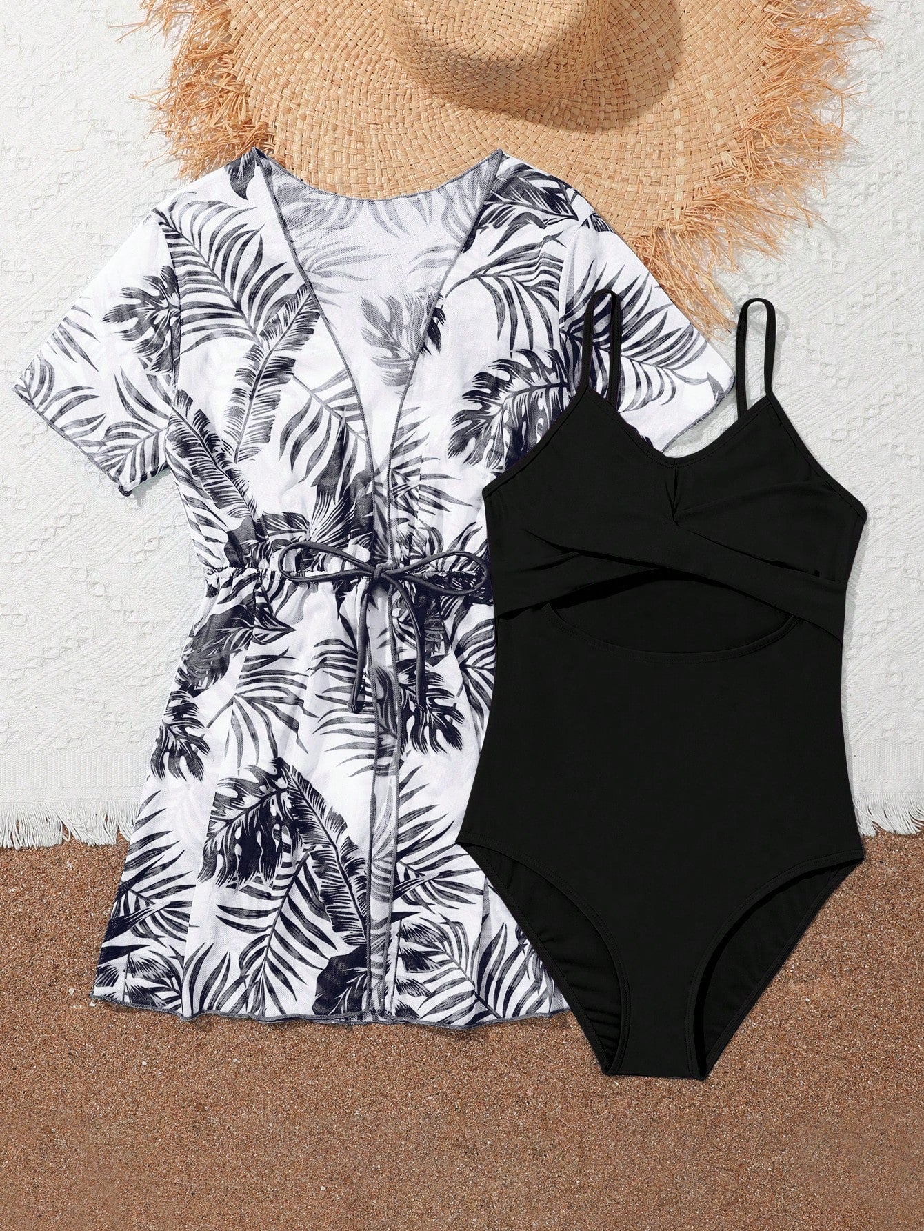 Teen Girls Cut Out One Piece Swimsuit With Tropical Print Kimono