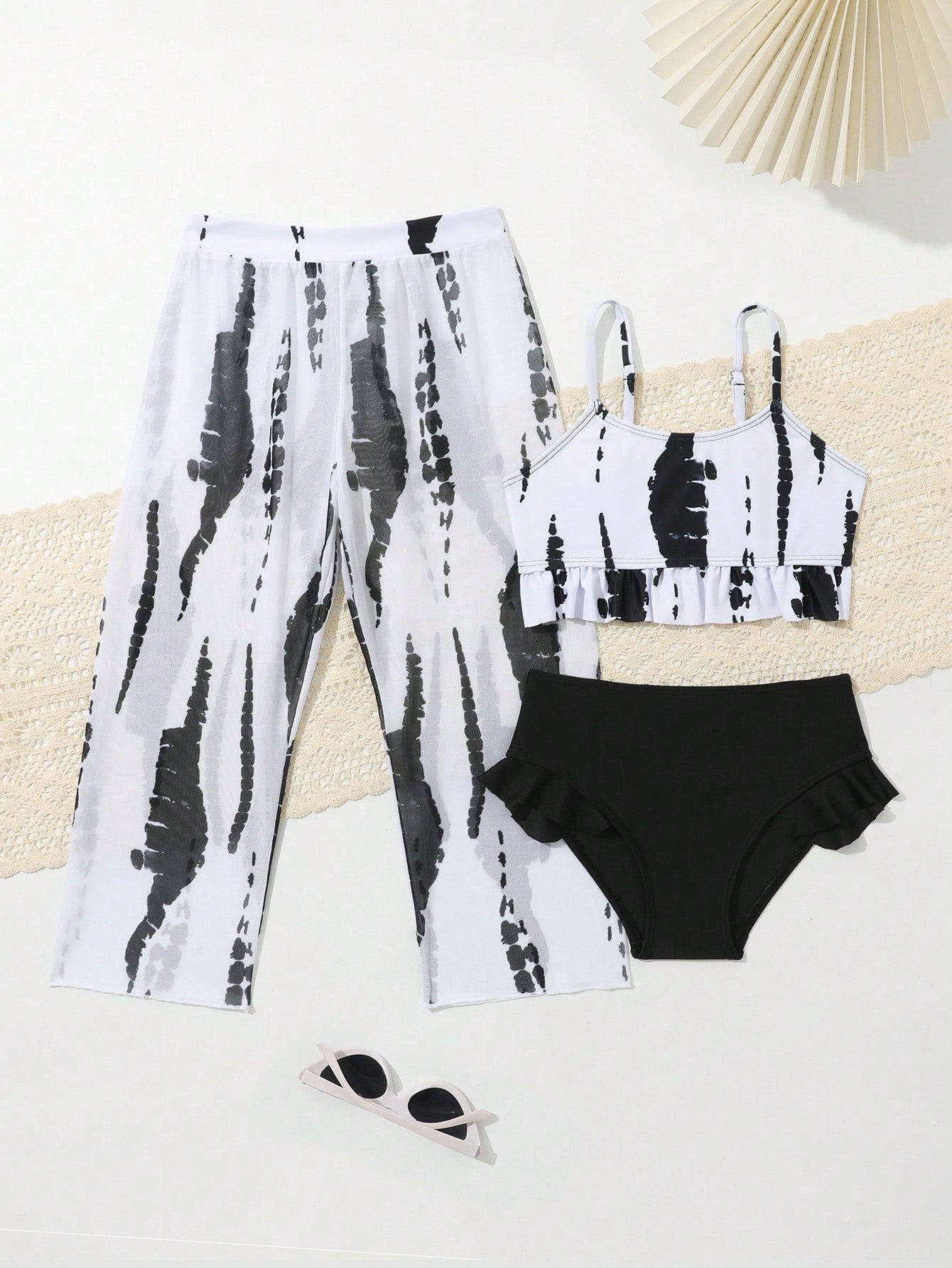 Young Girl 3-Piece Printed Bikini Set(Random Print), Separated Top And Bottom Summer Beach