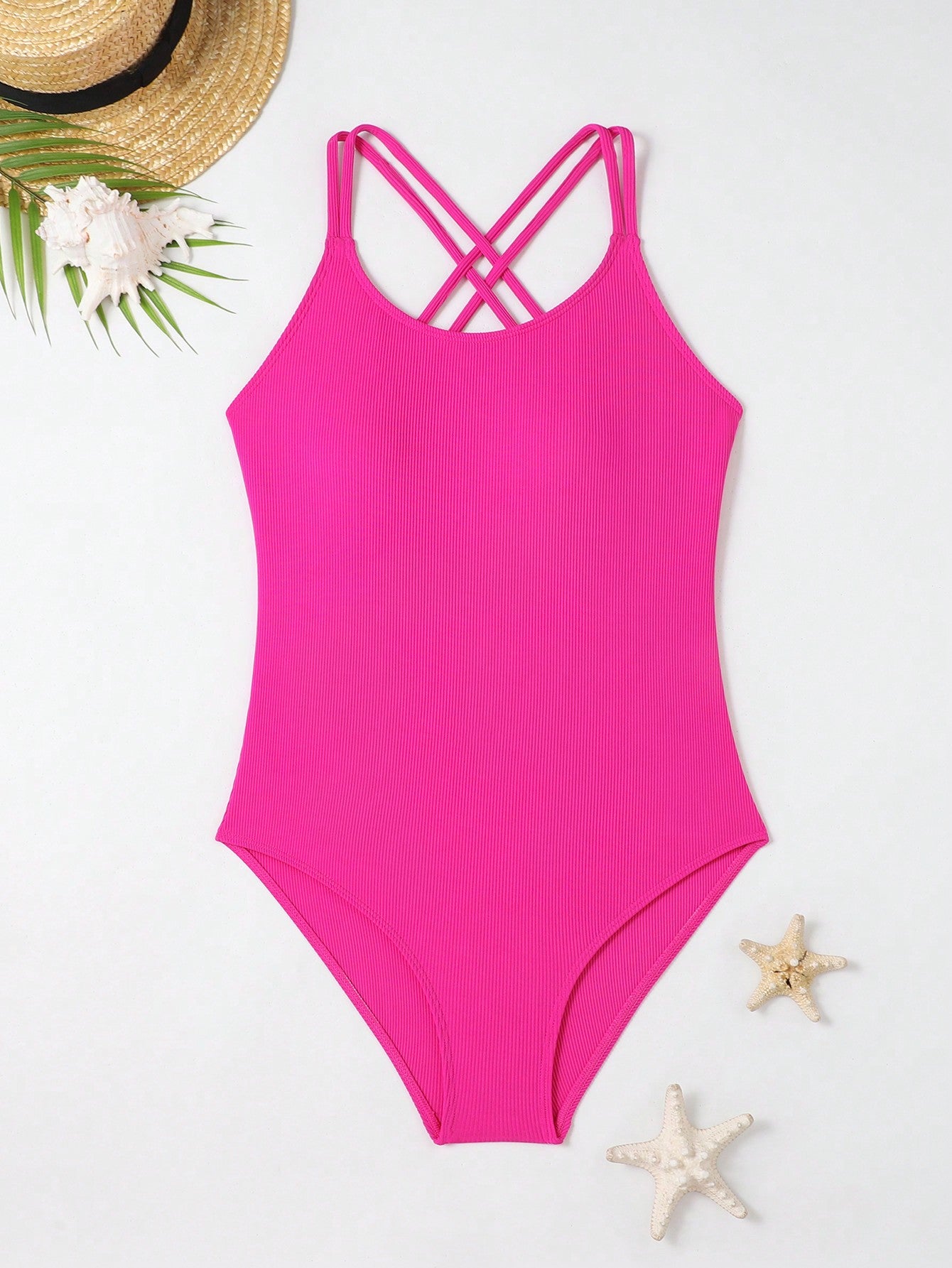 Teen Girls Ribbed Criss Cross One Piece Swimsuit