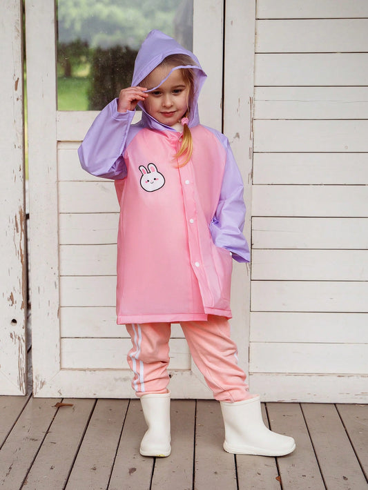 Girls' Pink & Purple Color Block Cute Rabbit Pattern Printed Raincoat For All Seasons