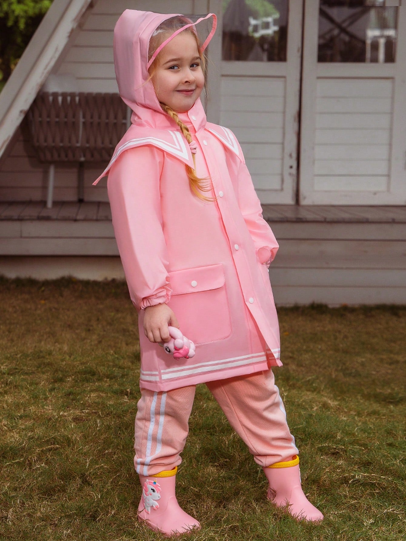 Girls' Adorable Pink Sailor-Style Donut & Unicorn Print All-Season Raincoat