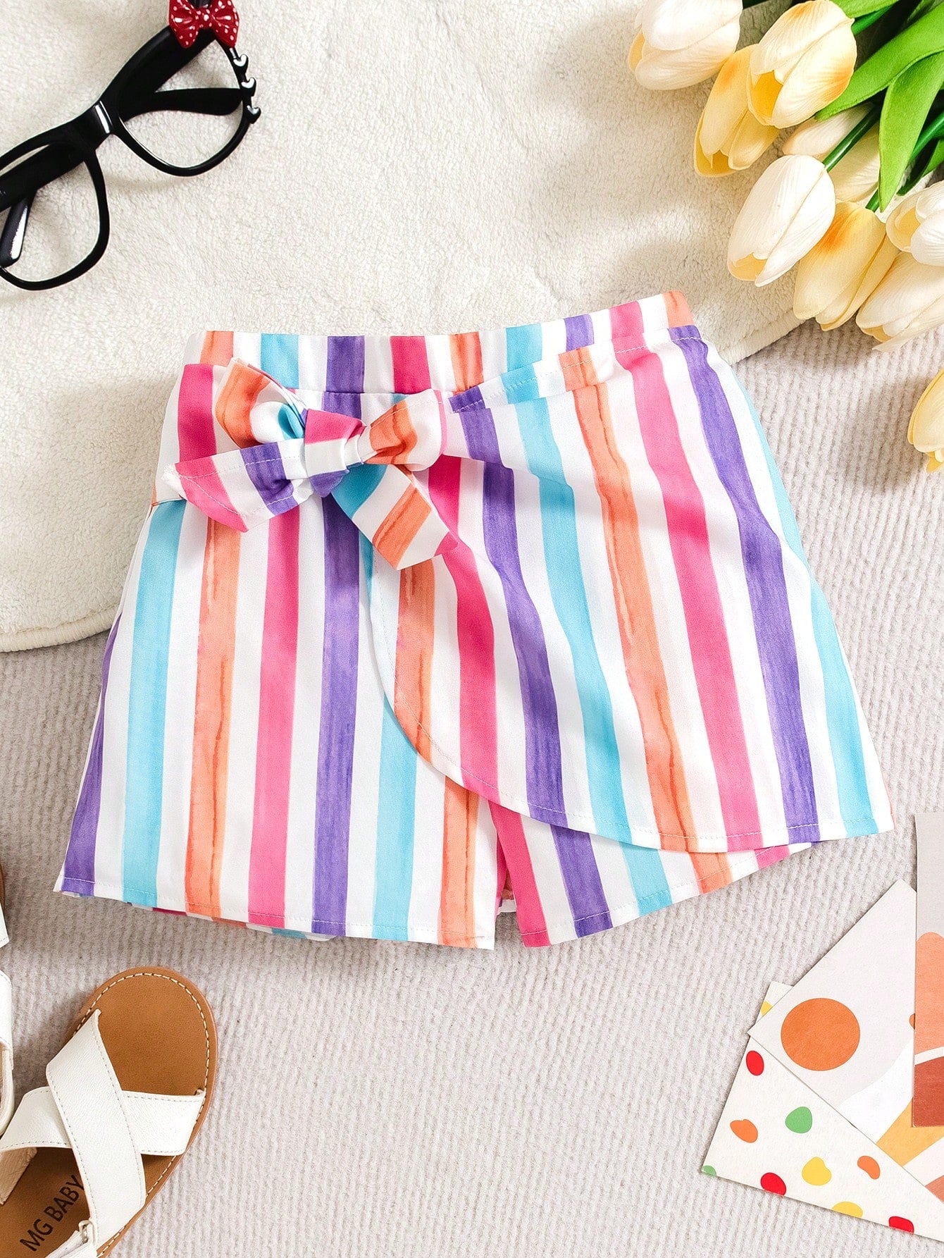 Young Girl's Woven Striped Loose Fit Casual Vacation Shorts For Spring/Summer