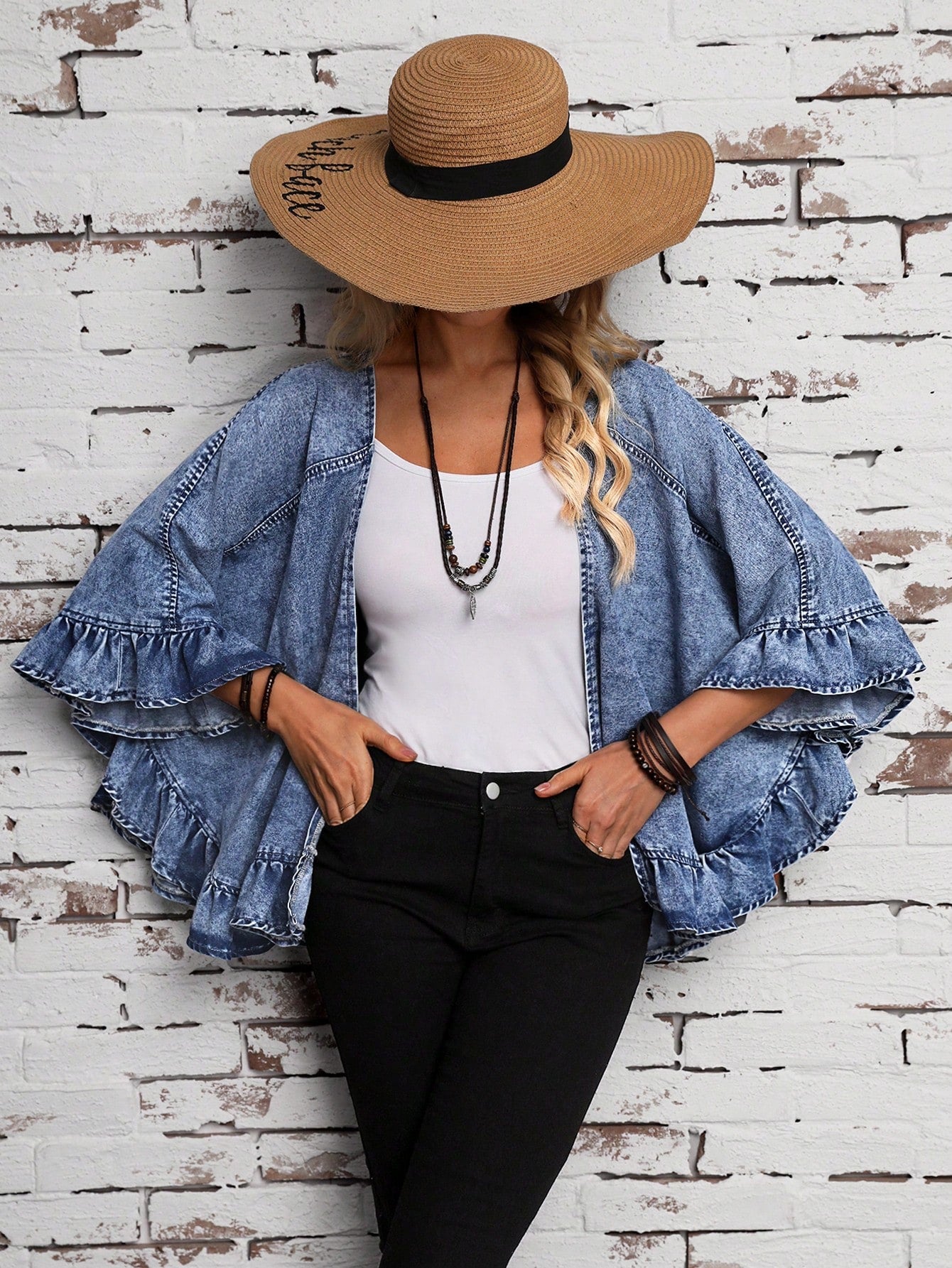 Women's Denim Jacket With Ruffle Edge Detail