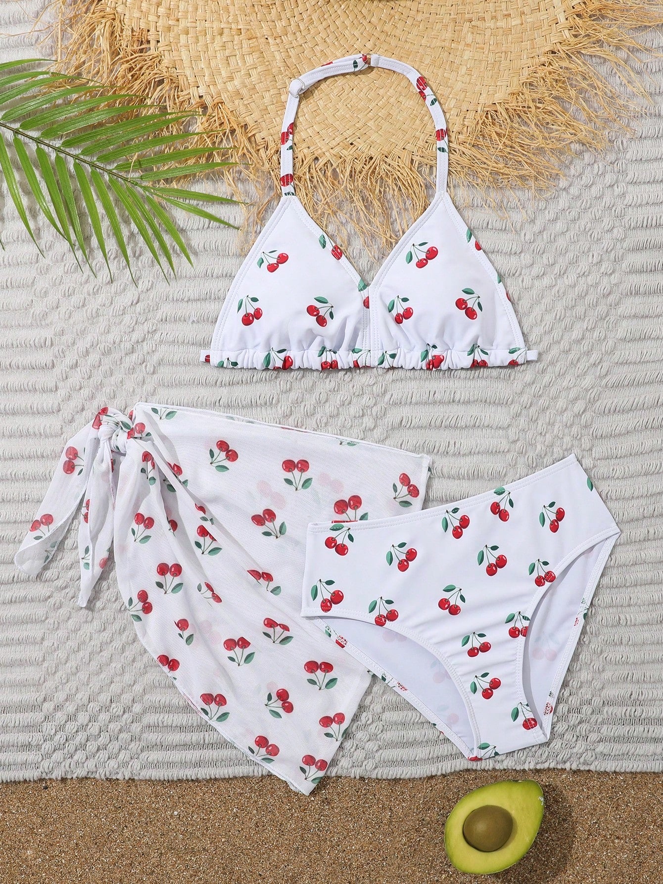 Tween Girls' Cherry Print Halter Neck Bikini Set With Separate Swimwear