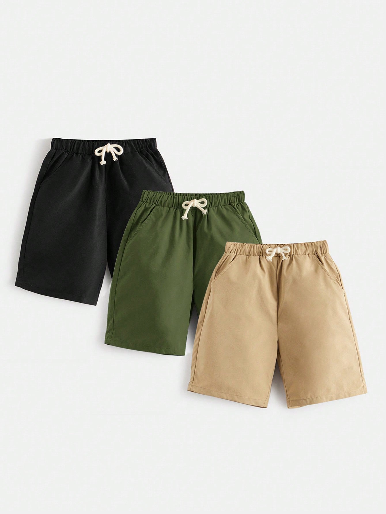 3pcs/Set Tween Boys' Elastic Waist Drawstring Shorts With Slanted Pockets