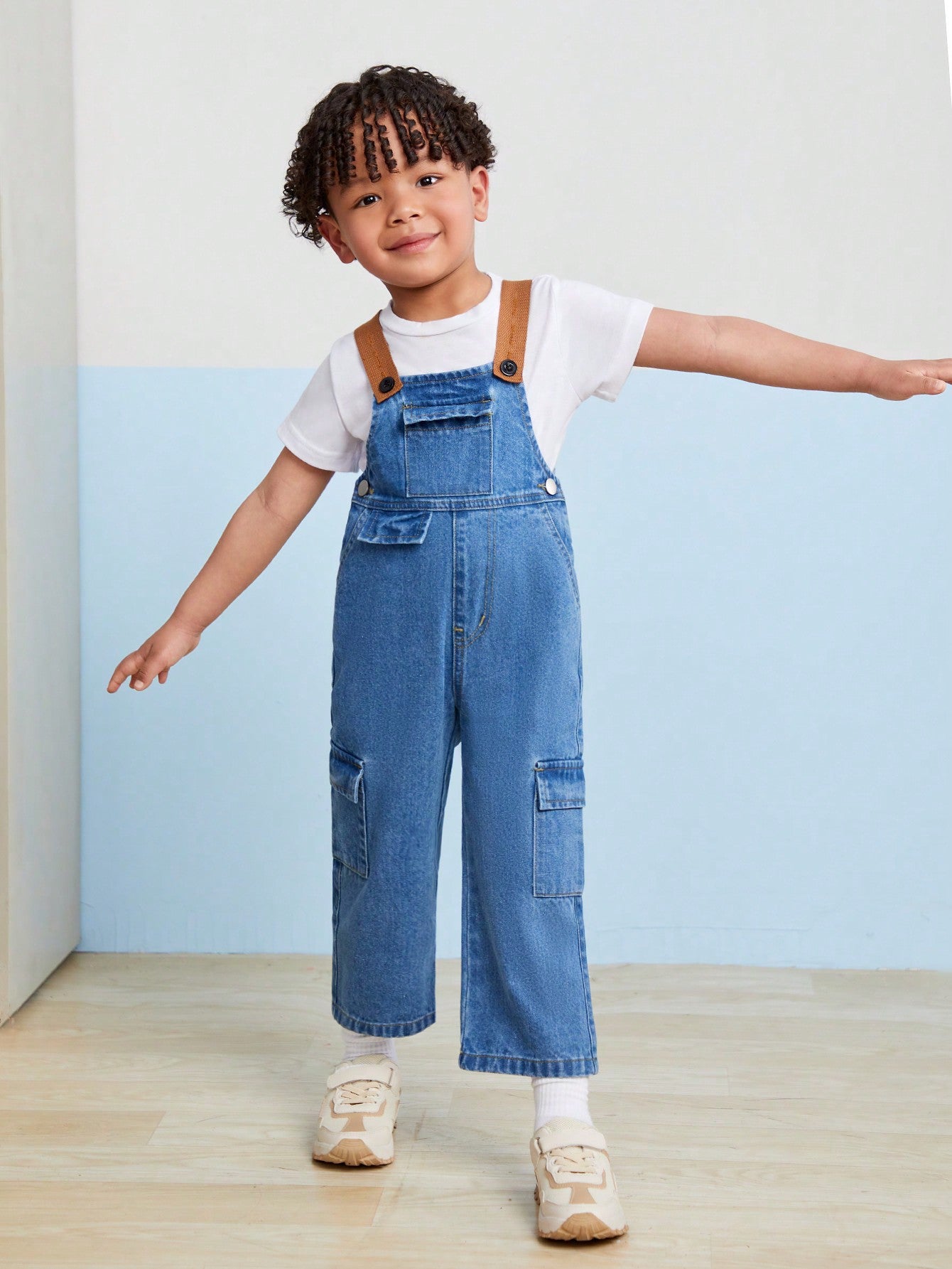 Streecool Kids Young Boys' Street Style Color Block Suspenders Detail Oversized Wide-Leg Utility Denim Overalls