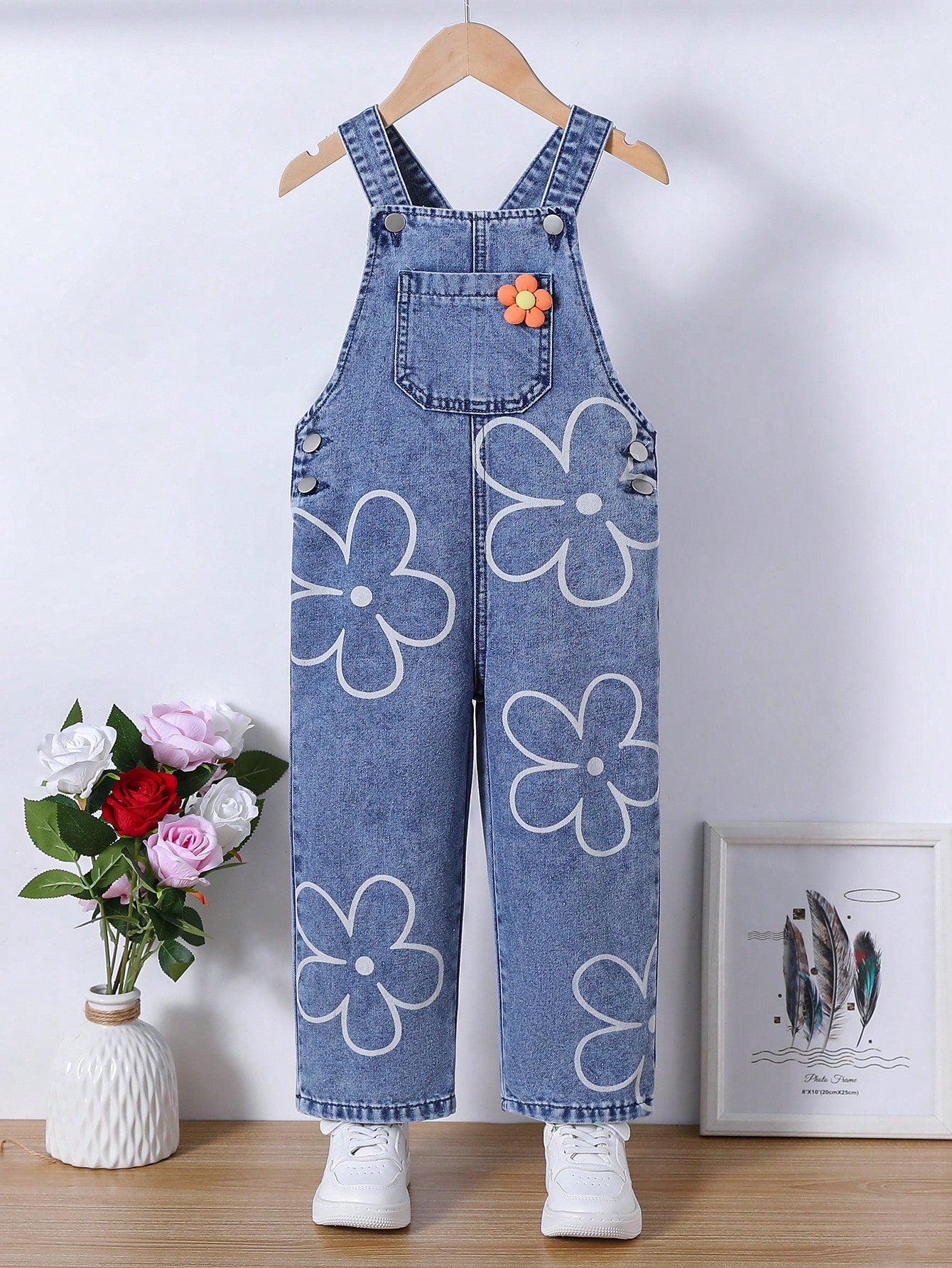 Young Girls Floral Printed Patchwork Sleeveless Denim Overalls With Pockets