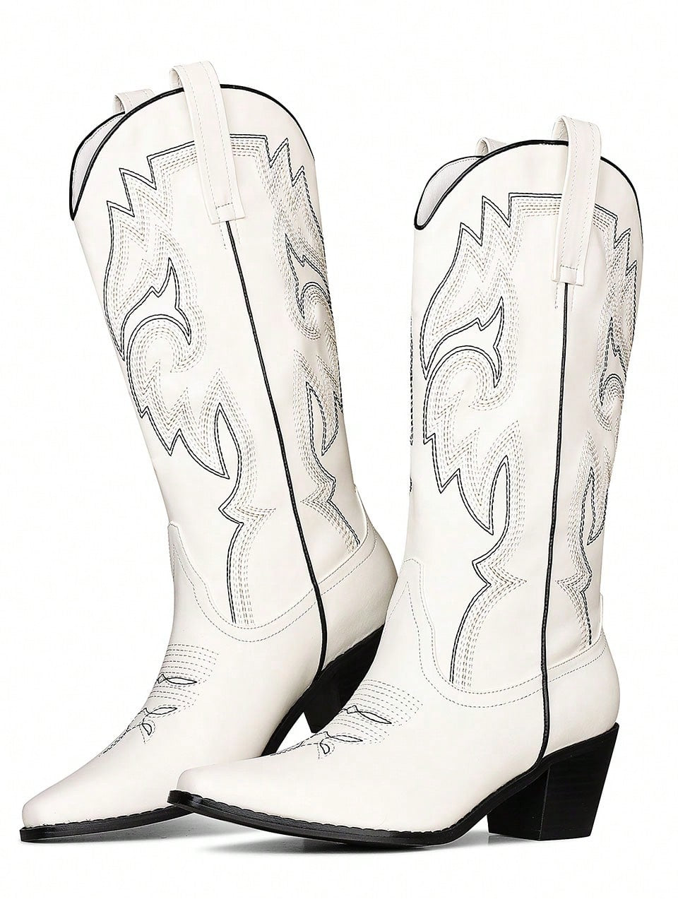 Women's Western Style Cowgirl Embroidered Mid Calf Boots Pointy Toe Chunky Heel Slip On Fashion Cowboy Shoes