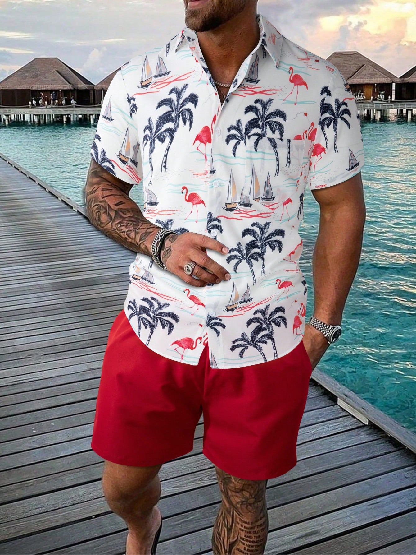 2pcs Men's Tropical Print Shirt And Shorts Set