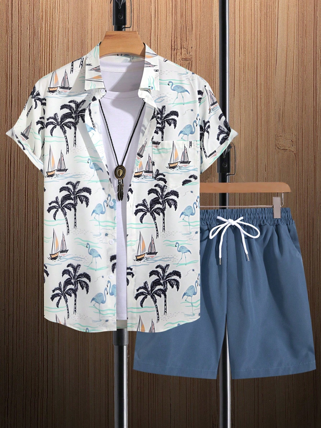 2pcs Men's Tropical Print Shirt And Shorts Set