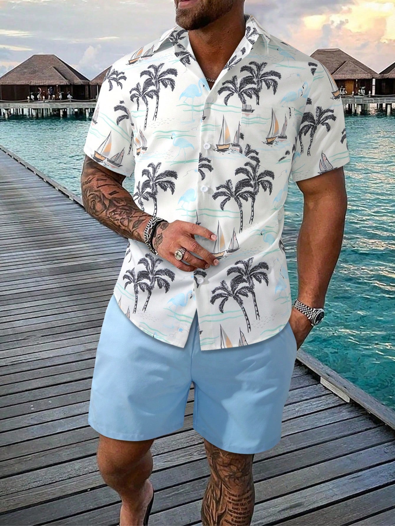 2pcs Men's Tropical Print Shirt And Shorts Set