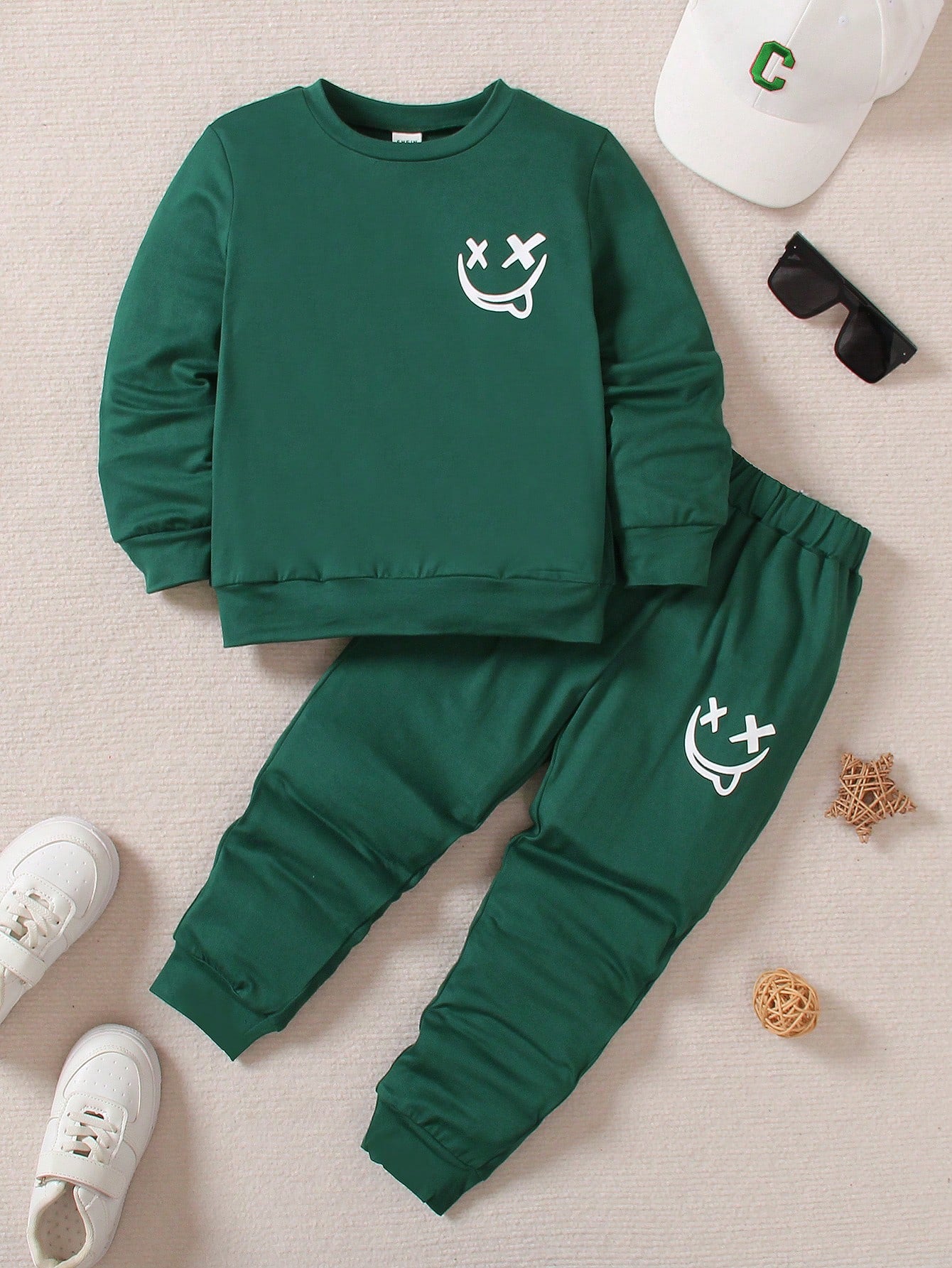 Kids Young Boys 2pcs/Set Stretch Knit Round Neck Long Sleeve T-Shirt With Smiling Face Expression Print And Stretch Knit Sports Pants With Smiling Face Expression Print - Suitable For Daily Wear, Spring And Autumn