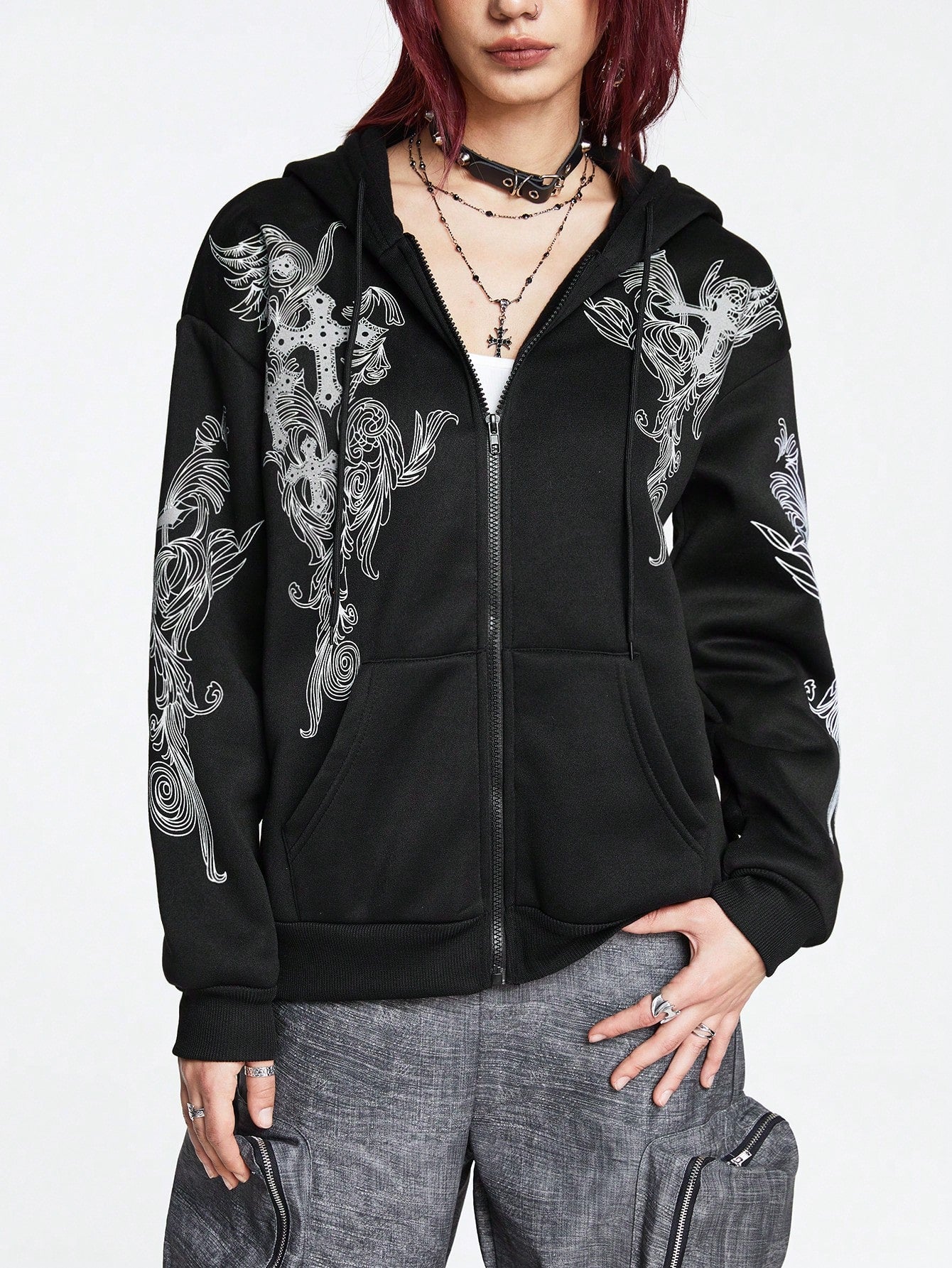 Punk Women'S Crop Hoodie With Cross & Plant Print And Zipper Front