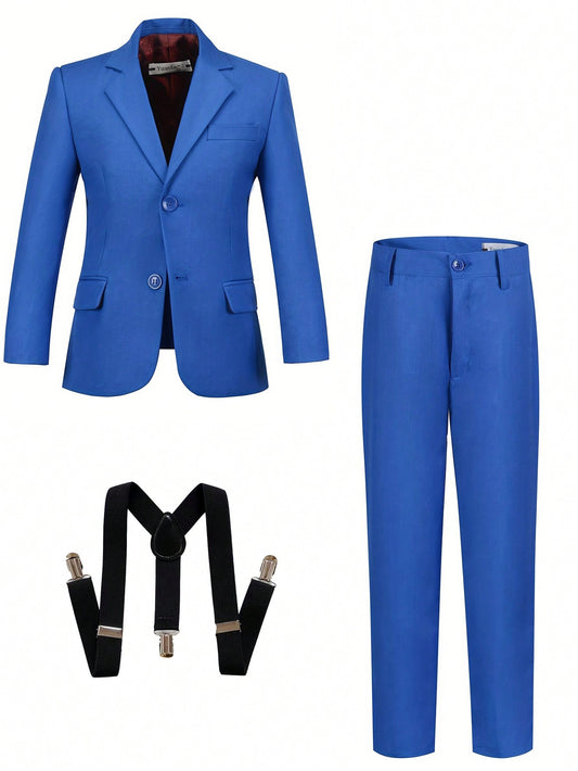 Tween Boy Trendy 3 Pieces Blue Suit Set , Including Suit Jacket, Pants And Suspenders