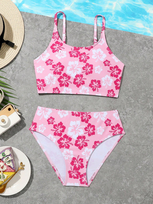 Tween Girl Floral Printed Bikini Set With Shoulder Straps Summer Beach