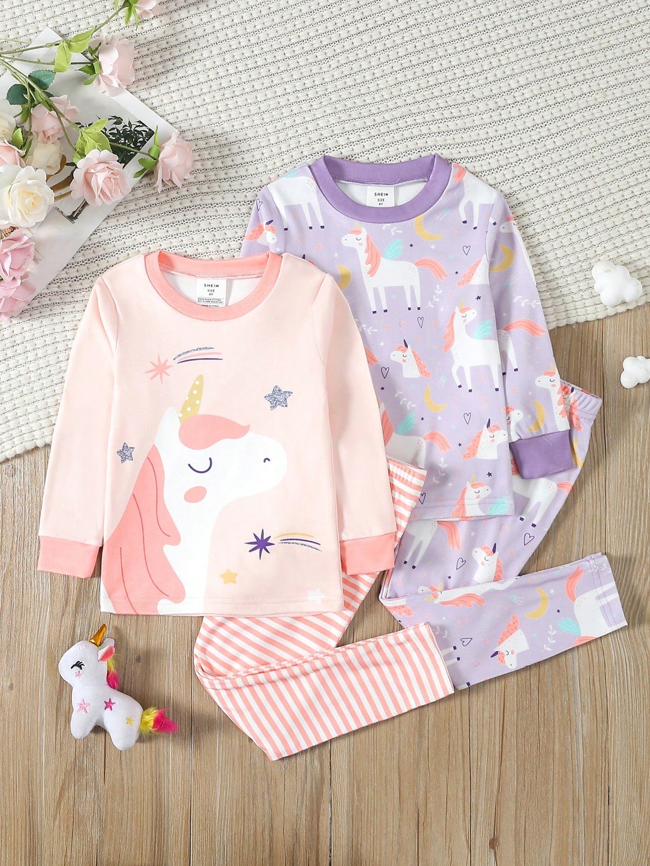 Young Girls' Simple Pegasus Print Striped Long Sleeve Top And Pants Snug Fit Homewear Set, 2pcs