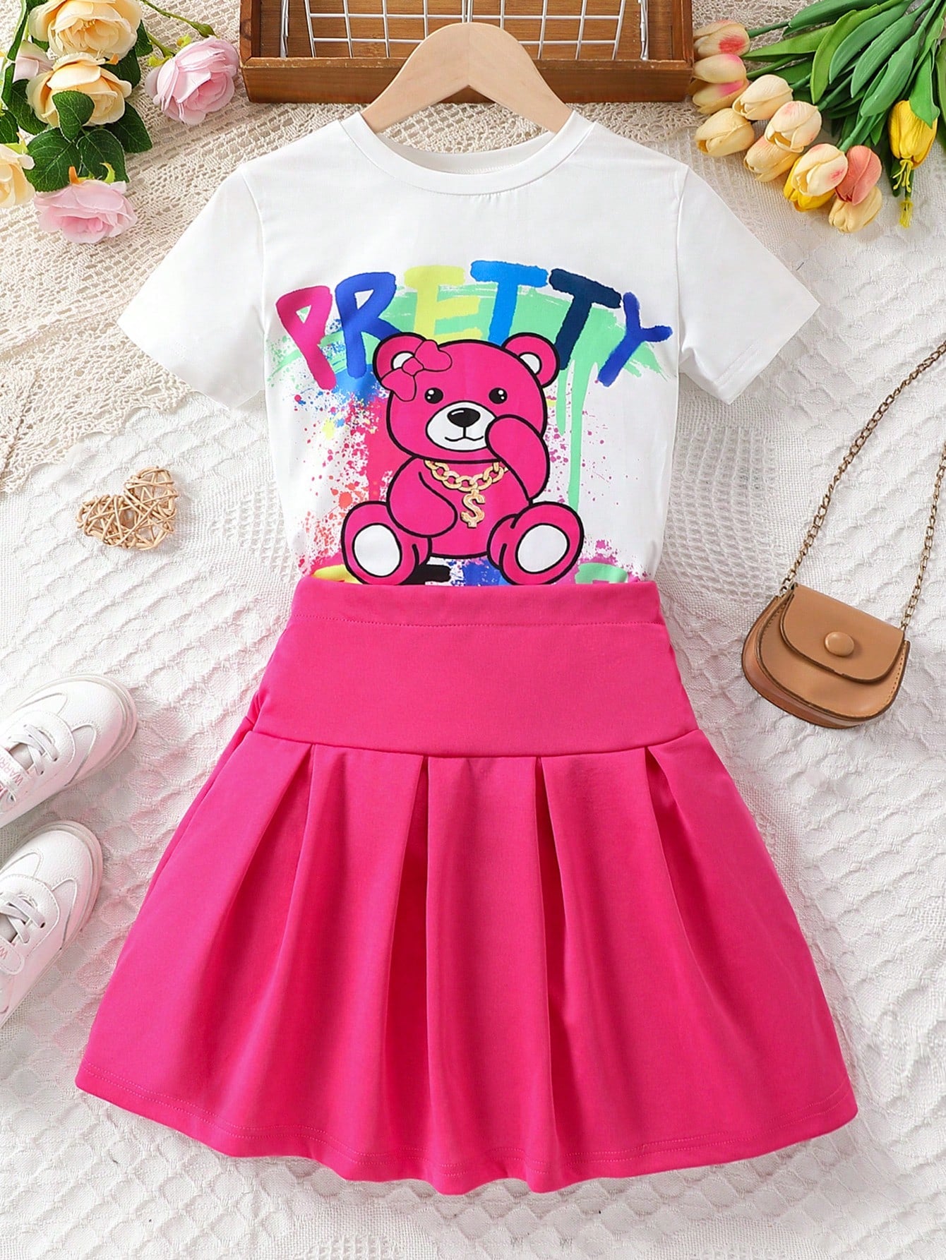 Tween Girl Street Style Cartoon Bear & Letter Printed Short Sleeve T-Shirt And Pleated Skirt