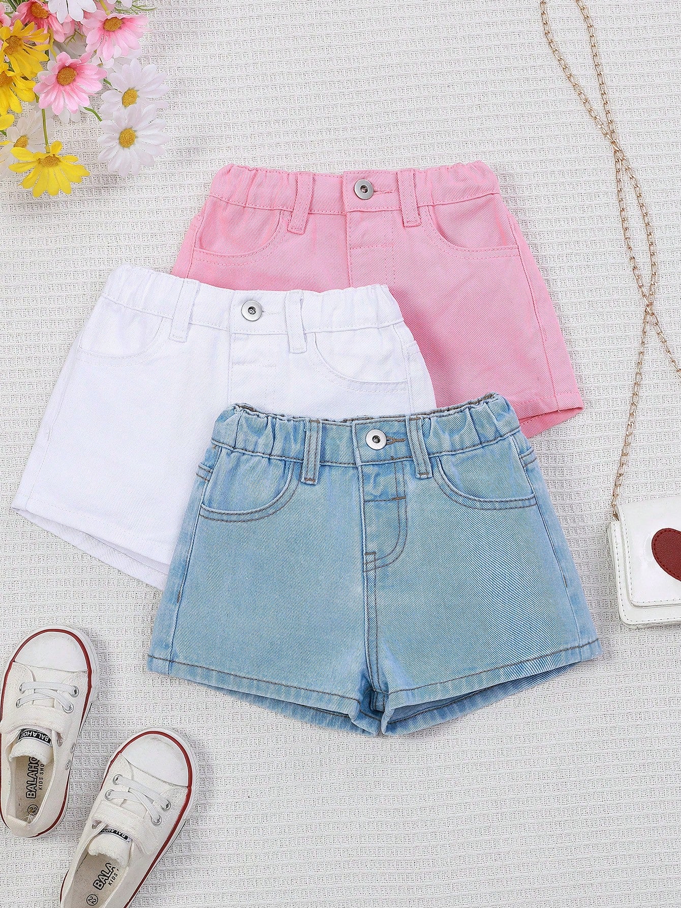 Young Girl 3pcs Summer Plain Casual Denim Shorts Set