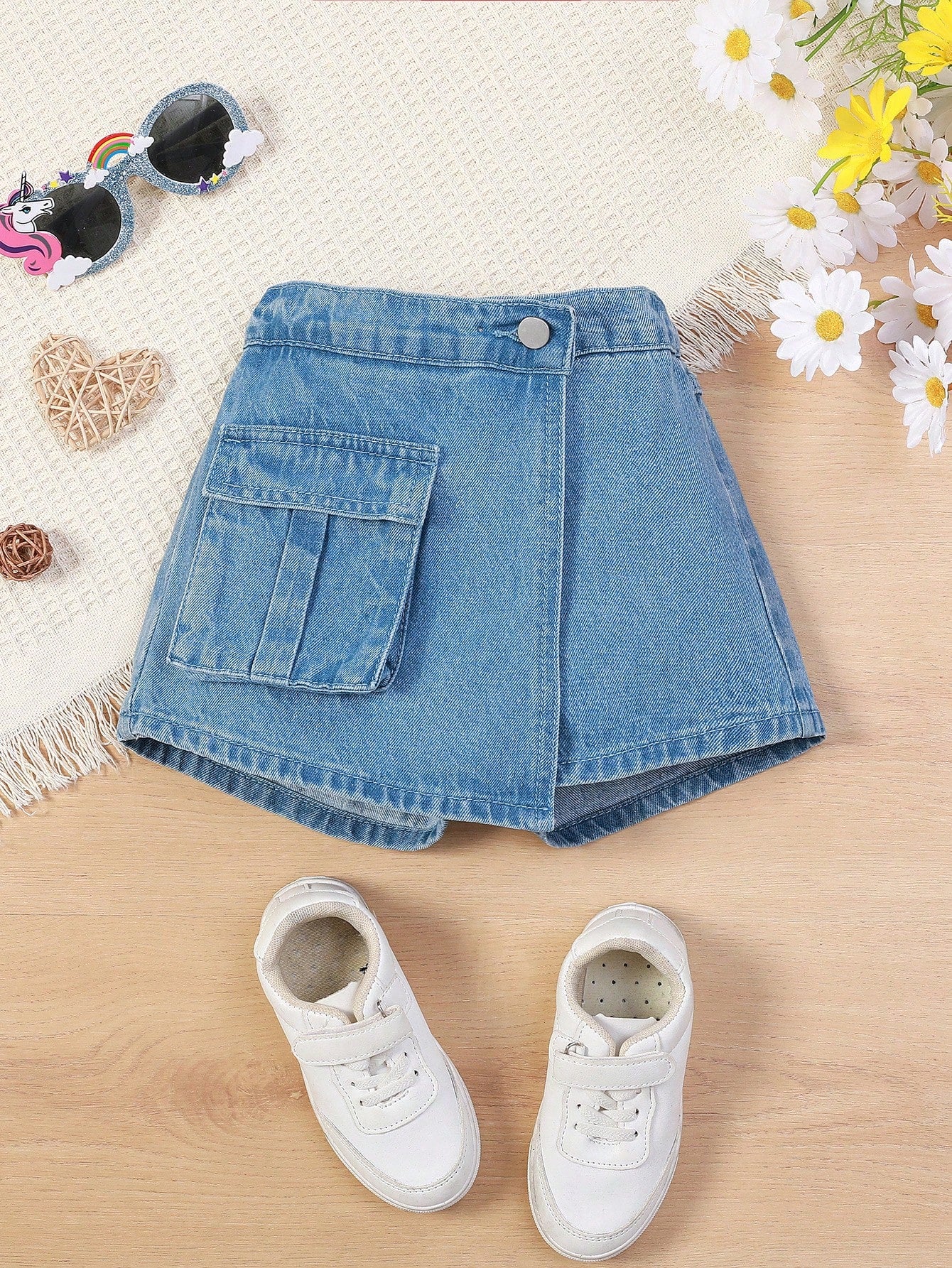 Young Girl Accordion Style Irregular Hem Denim Skirt With Workwear Pockets, Streetwear Fashion