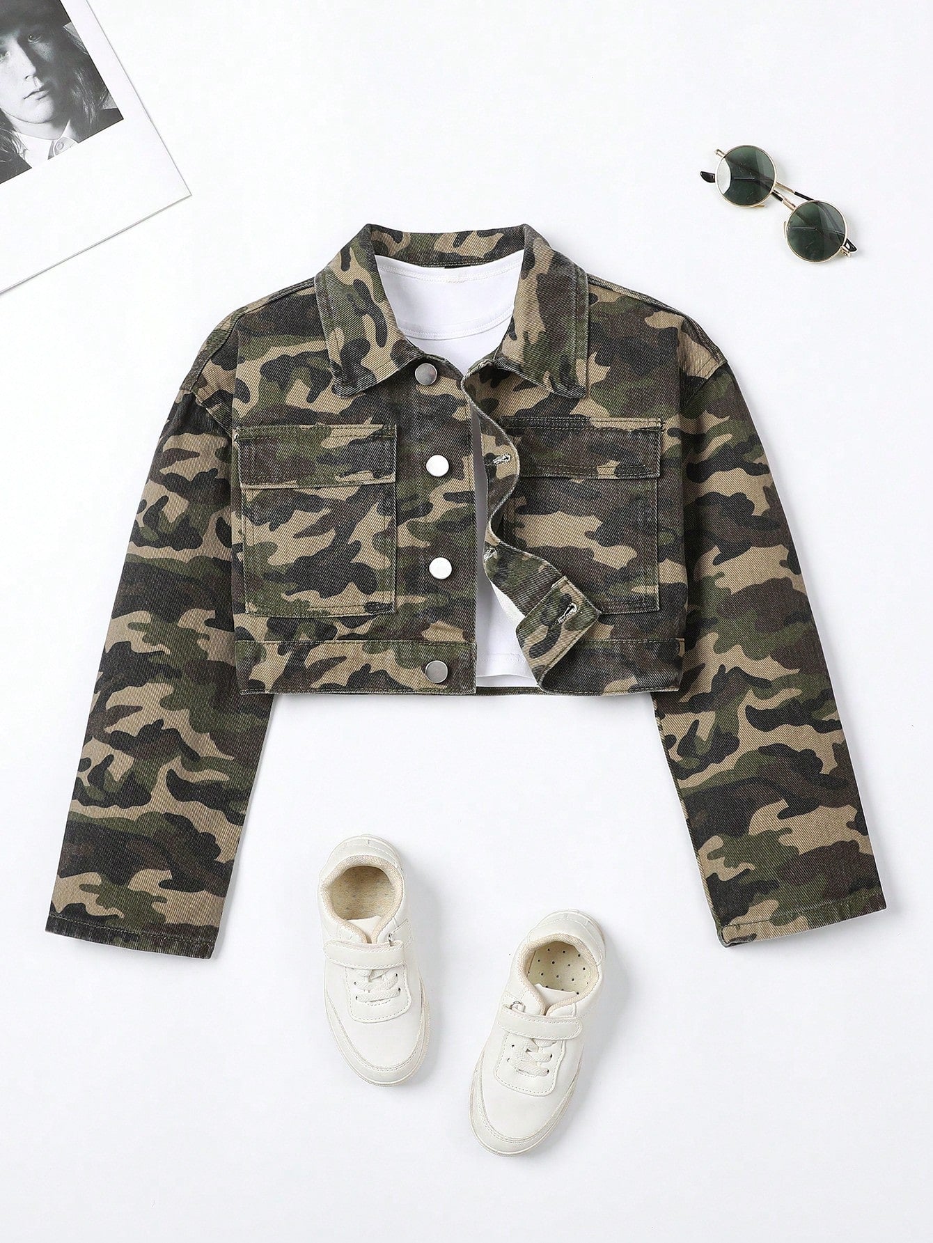 Tween Girl Camo Print Flap Pocket Crop Denim Jacket Without Tee