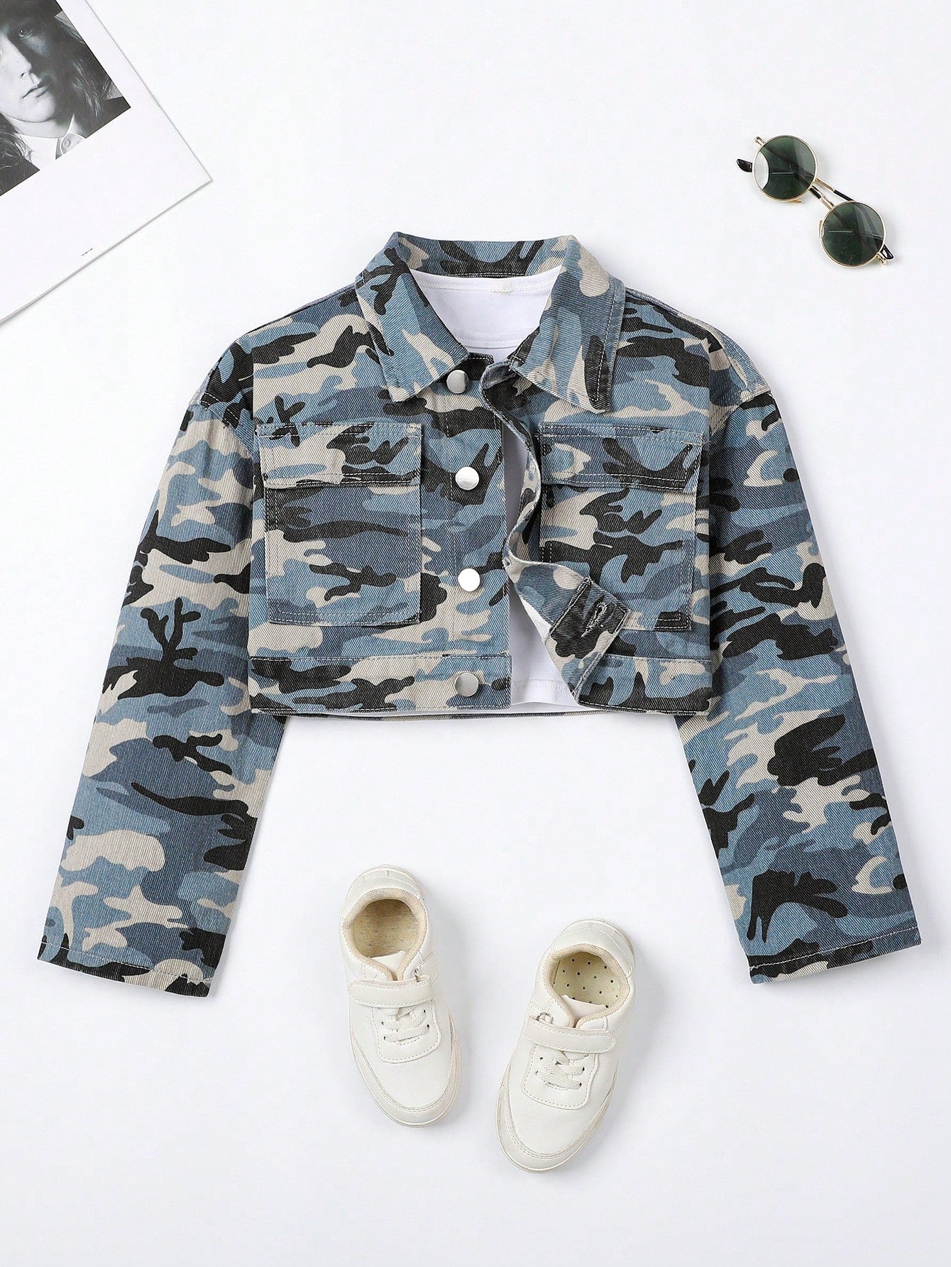 Tween Girl Camo Print Flap Pocket Crop Denim Jacket Without Tee