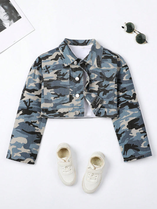 Tween Girls' Short Style Camouflage Denim Jacket