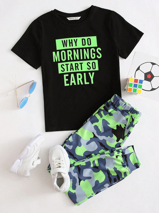 Tween Boy Slogan Graphic Top & Camo Pants Set