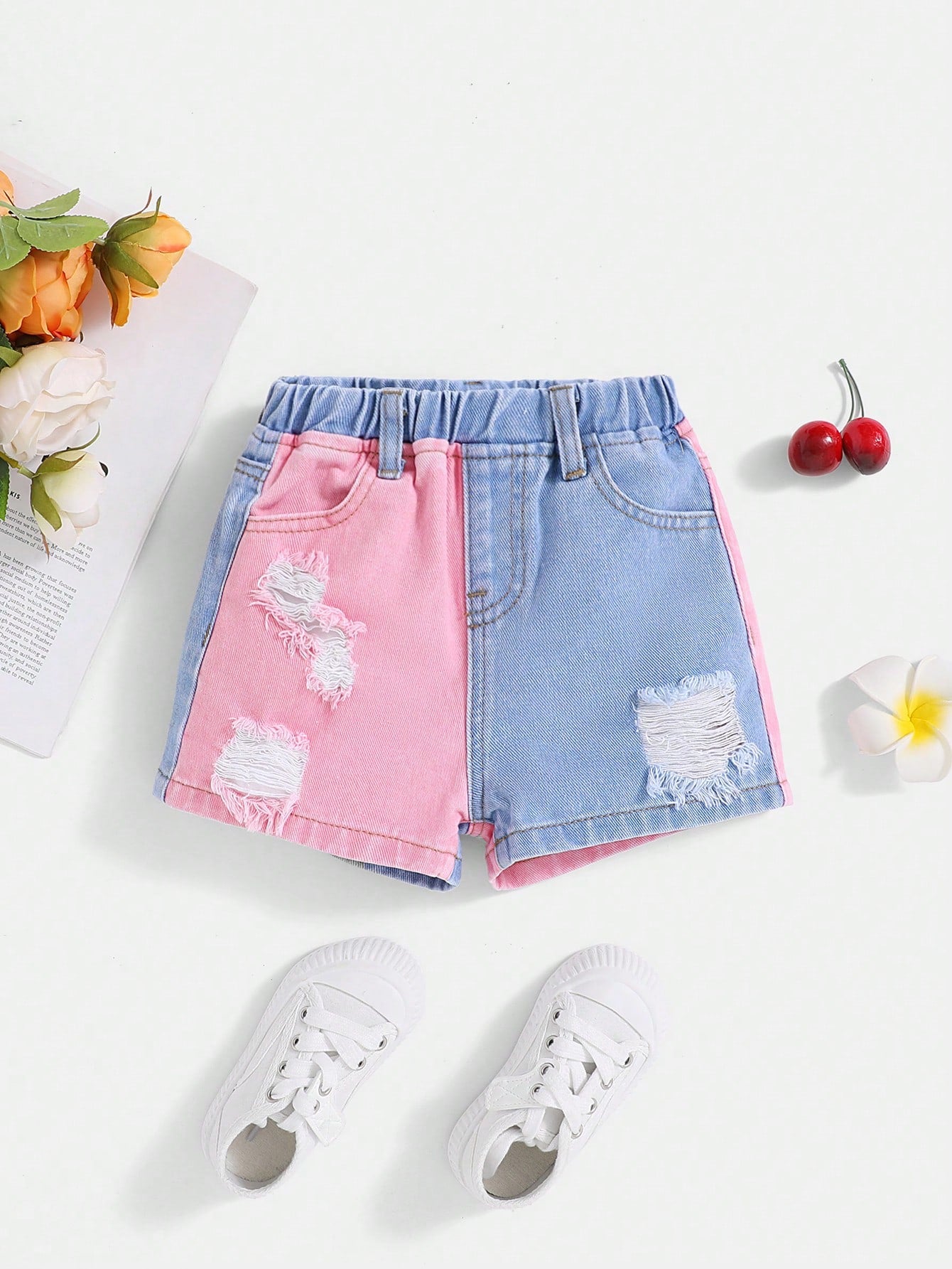 Young Girl's Color Block Elastic Waistband Casual Cute Soft Denim Shorts In Blue And Pink