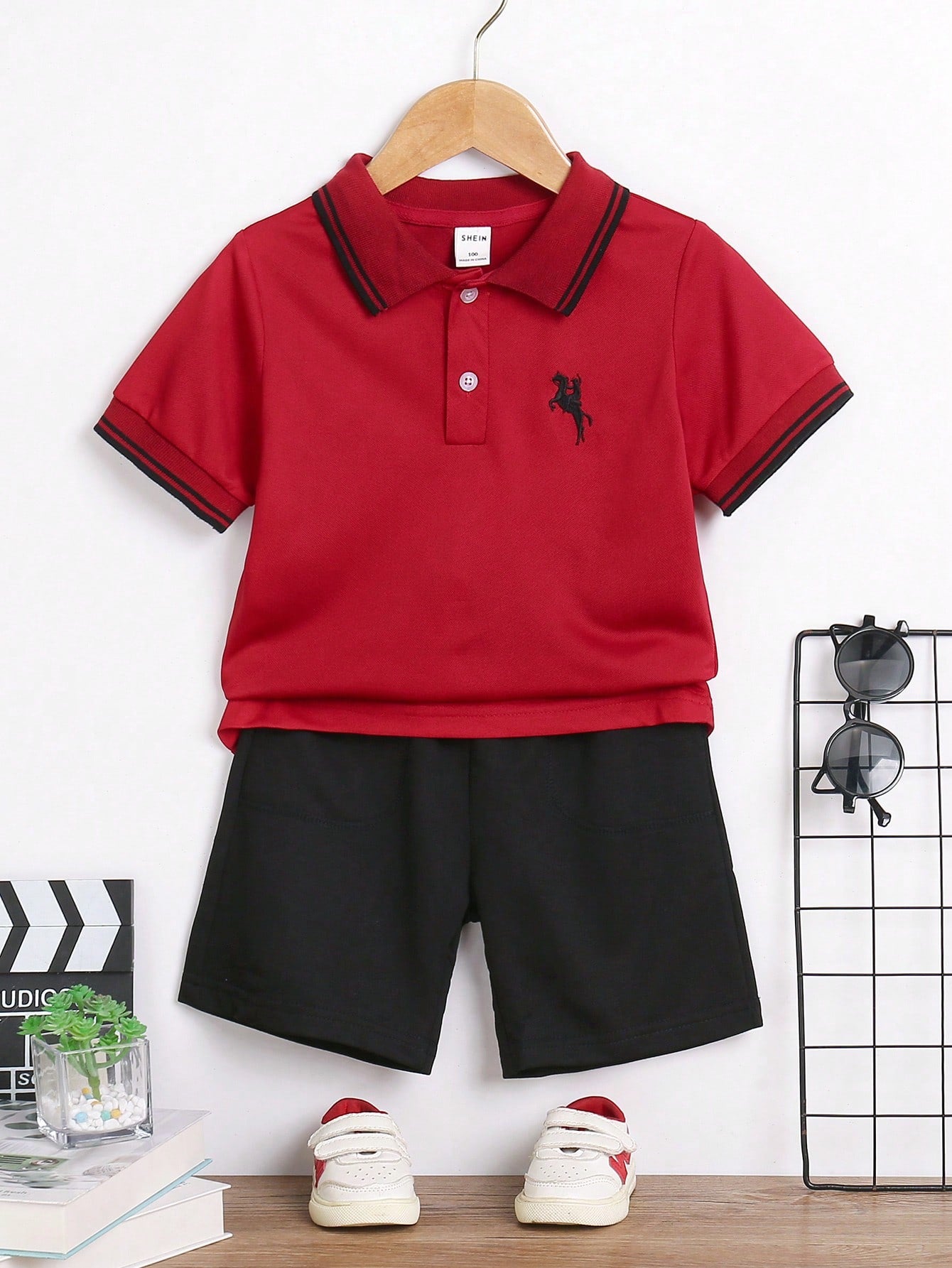 Young Boy Solid Color Striped Polo Shirt With Front Button