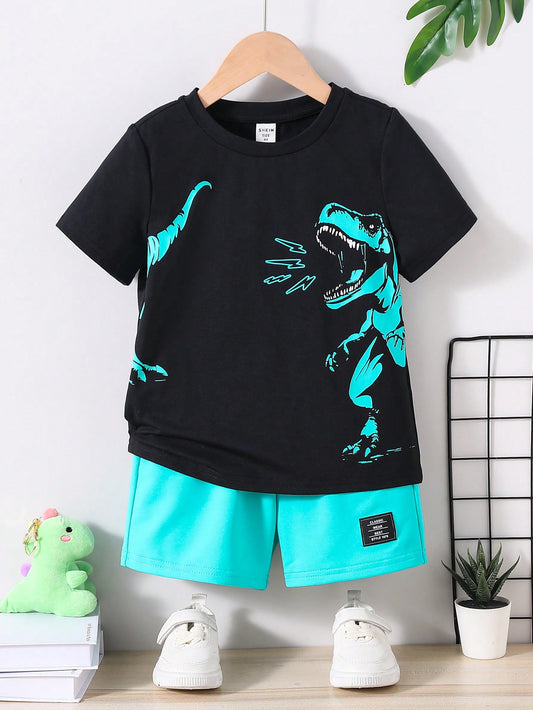 Young Boy Casual Round Neck Matching Dinosaur Print Short Sleeve T-Shirt And Shorts Set