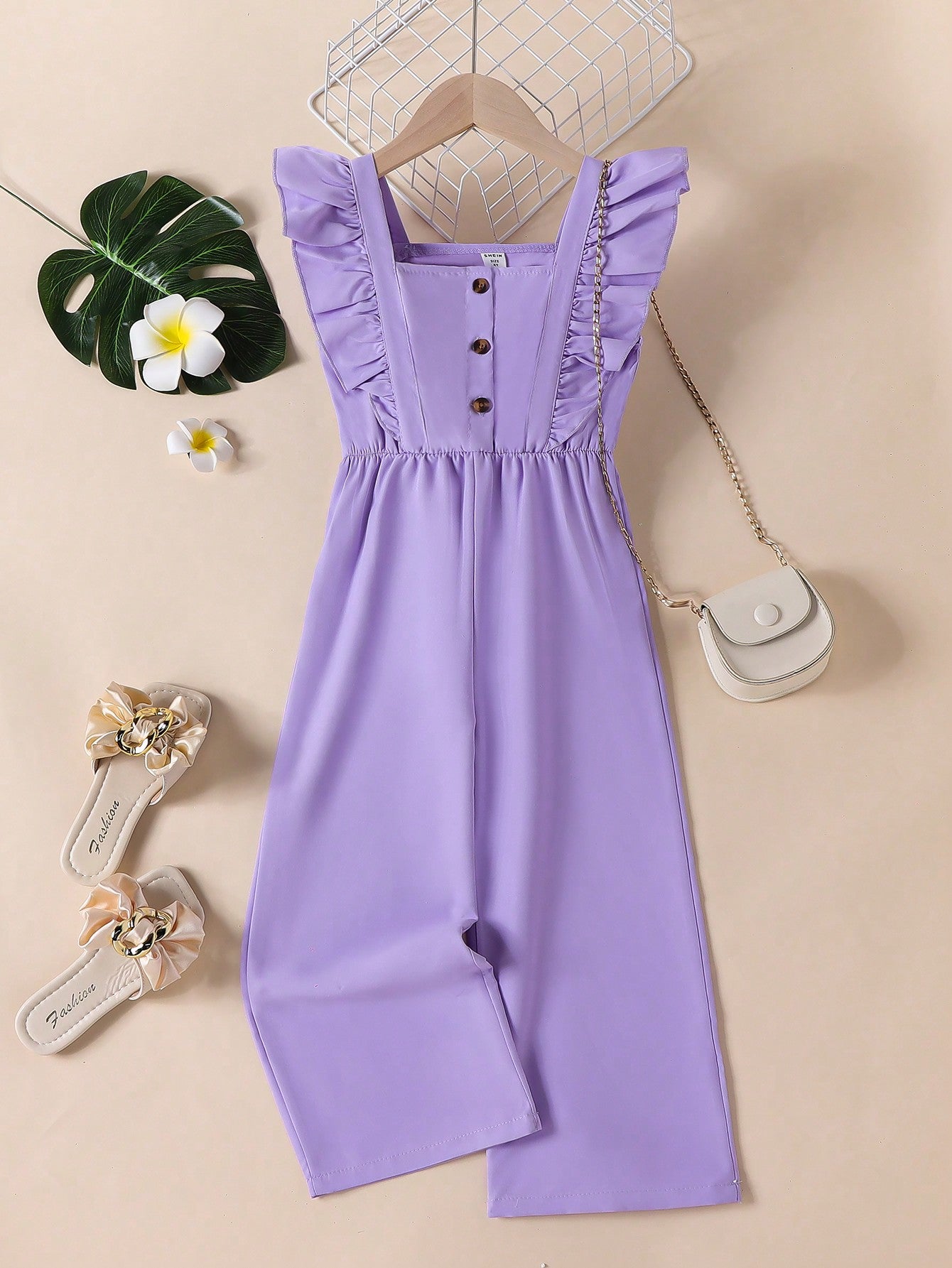 Young Girls' Ruffle Decorated Button Up Half-Placket Jumpsuit