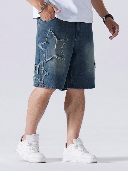 Men's Plus Size Star Design Washed Denim Shorts