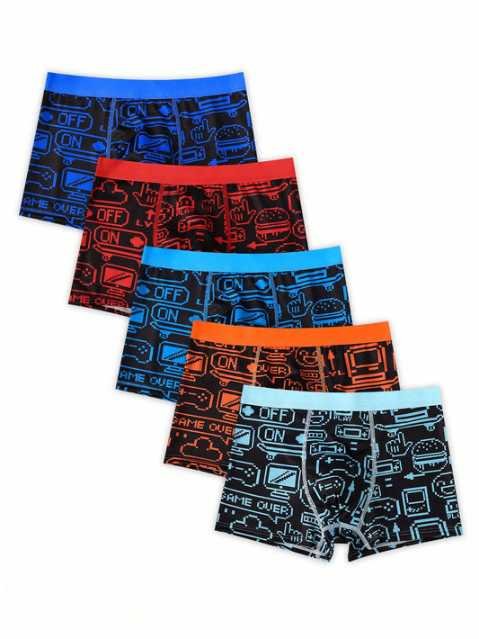 5pcs/Pack Pixel Video Game Console Printed Boxer Briefs For Tween Boys, Colorful Cartoon Street Style Underwear