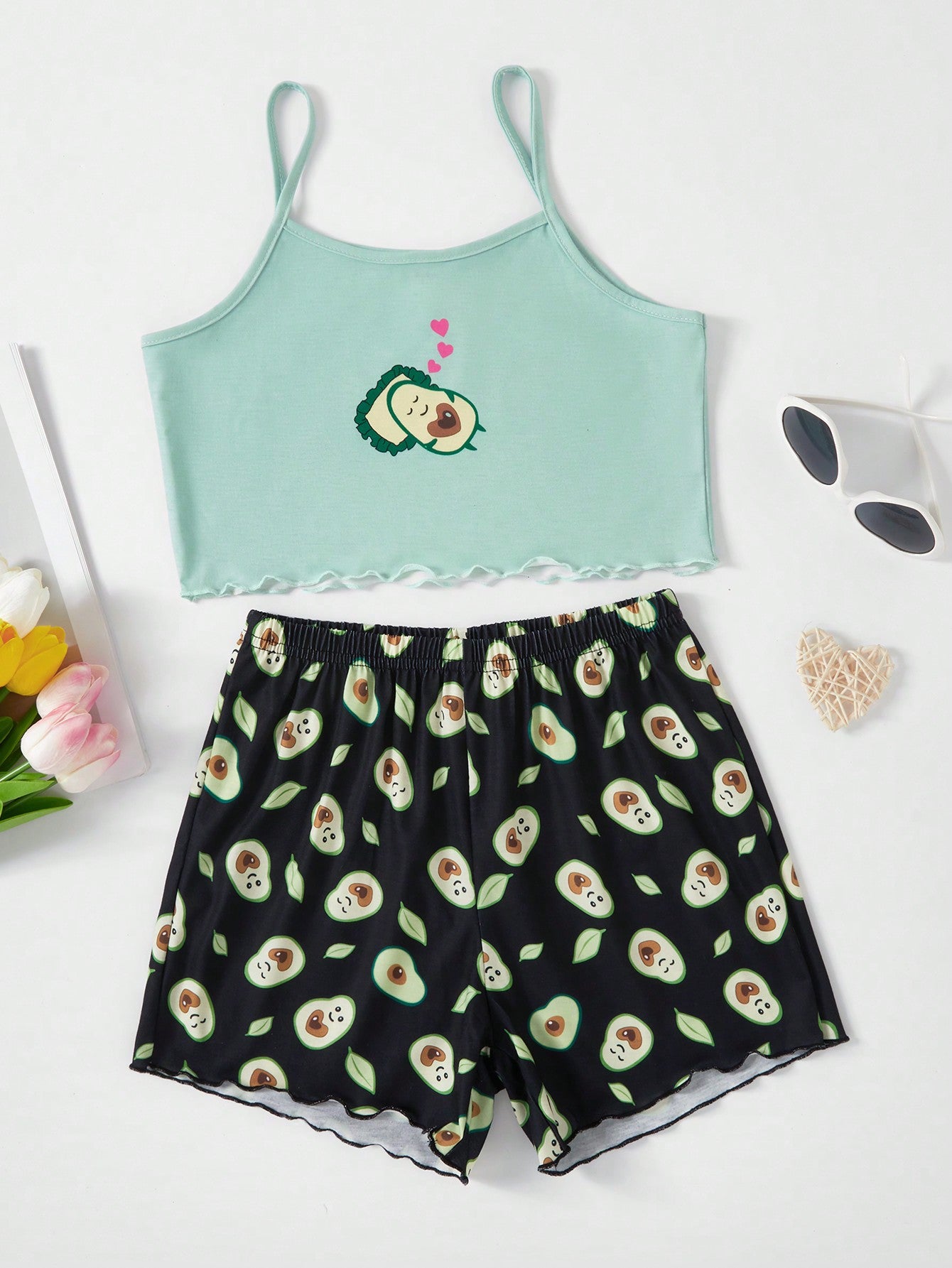 Tween Girl Cartoon Avocado Graphic Cami Top & Shorts PJ Set