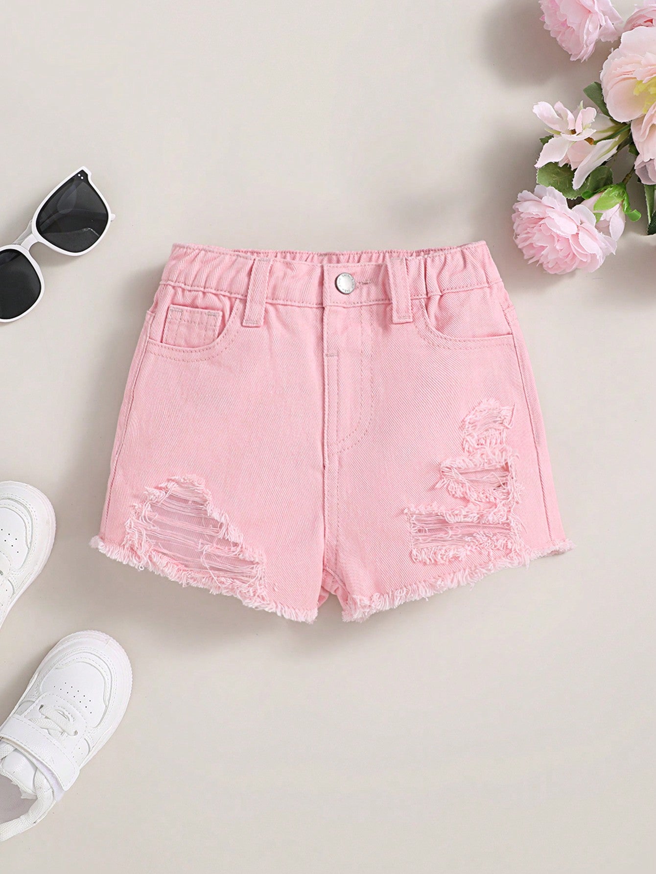 Young Girl Spring Summer Boho Pink High Waisted Elastic Waist Ripped Washed Denim Shorts