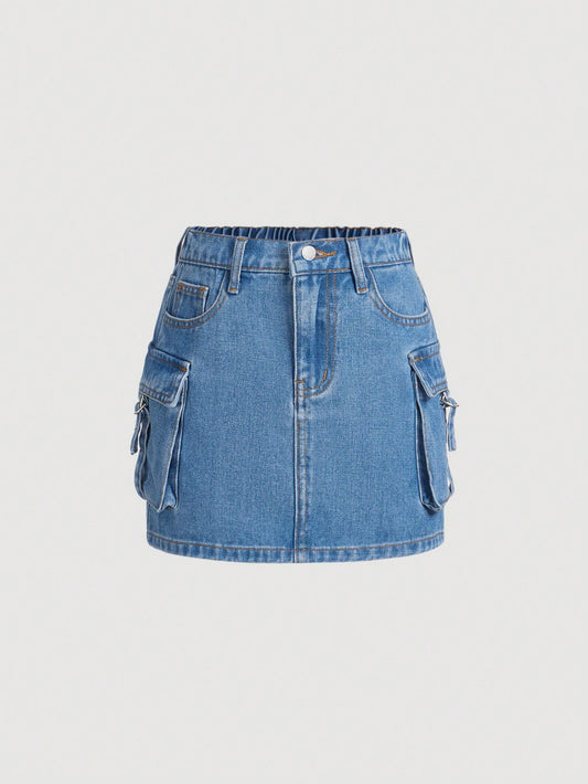 Tween Girl Denim Utility Skirt With Pockets