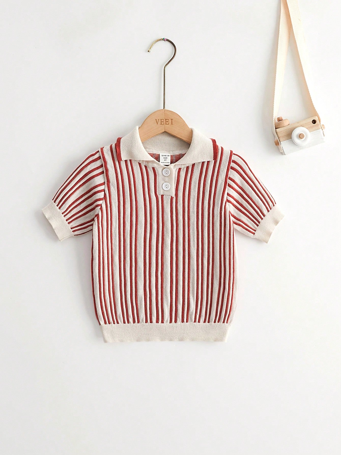 Young Boys' Half Buttoned Simple Striped Knitted Top For Summer