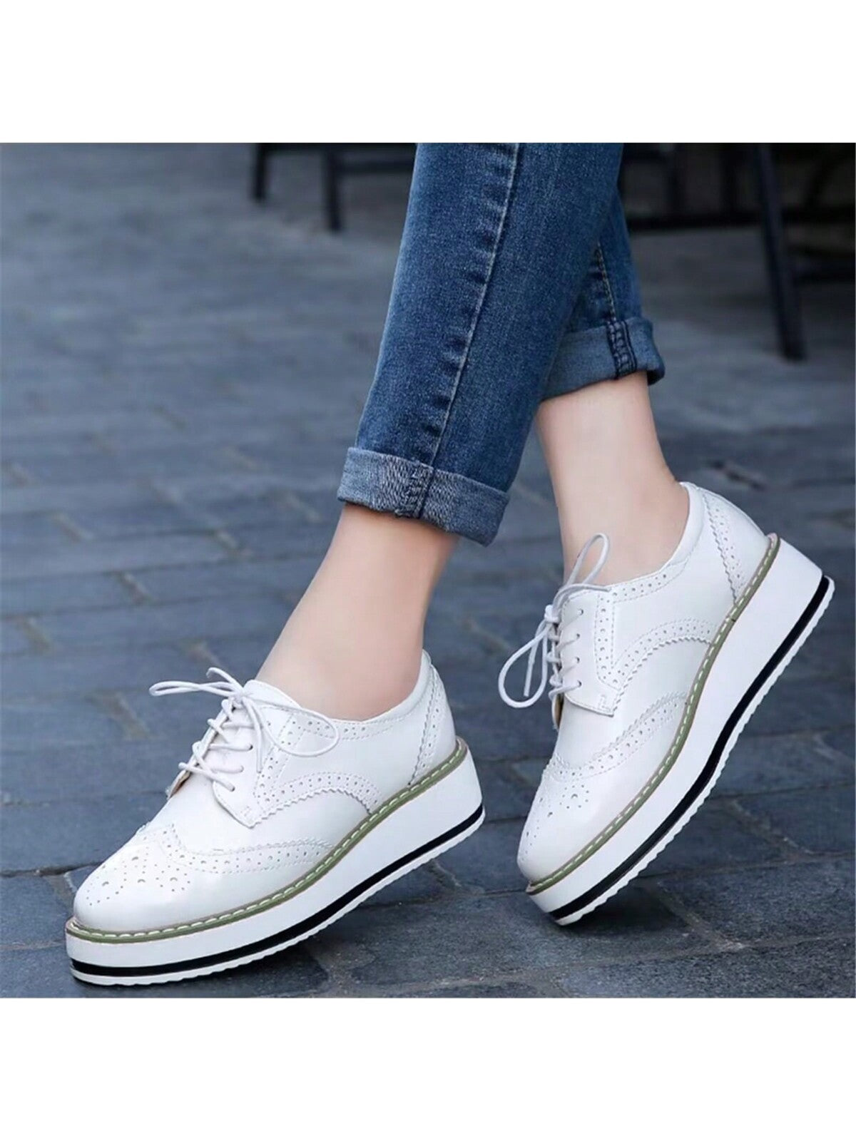 Women's Brogue Thick Sole Pu Leather Shoes With Straps, Casual, Low Cut, Increased, Floral Carved, Spring And Autumn, Fashionable Shoes