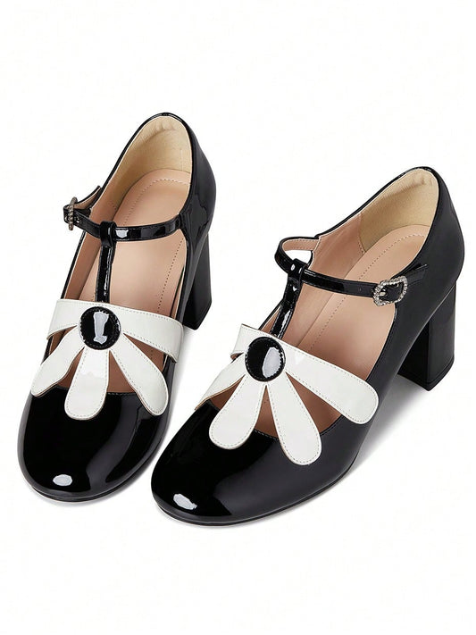 Women Mary Jane Elegant Buckle Chunky Heel Pumps T-Strap Flower Sweet Cute Faux Patent Leather Shoes